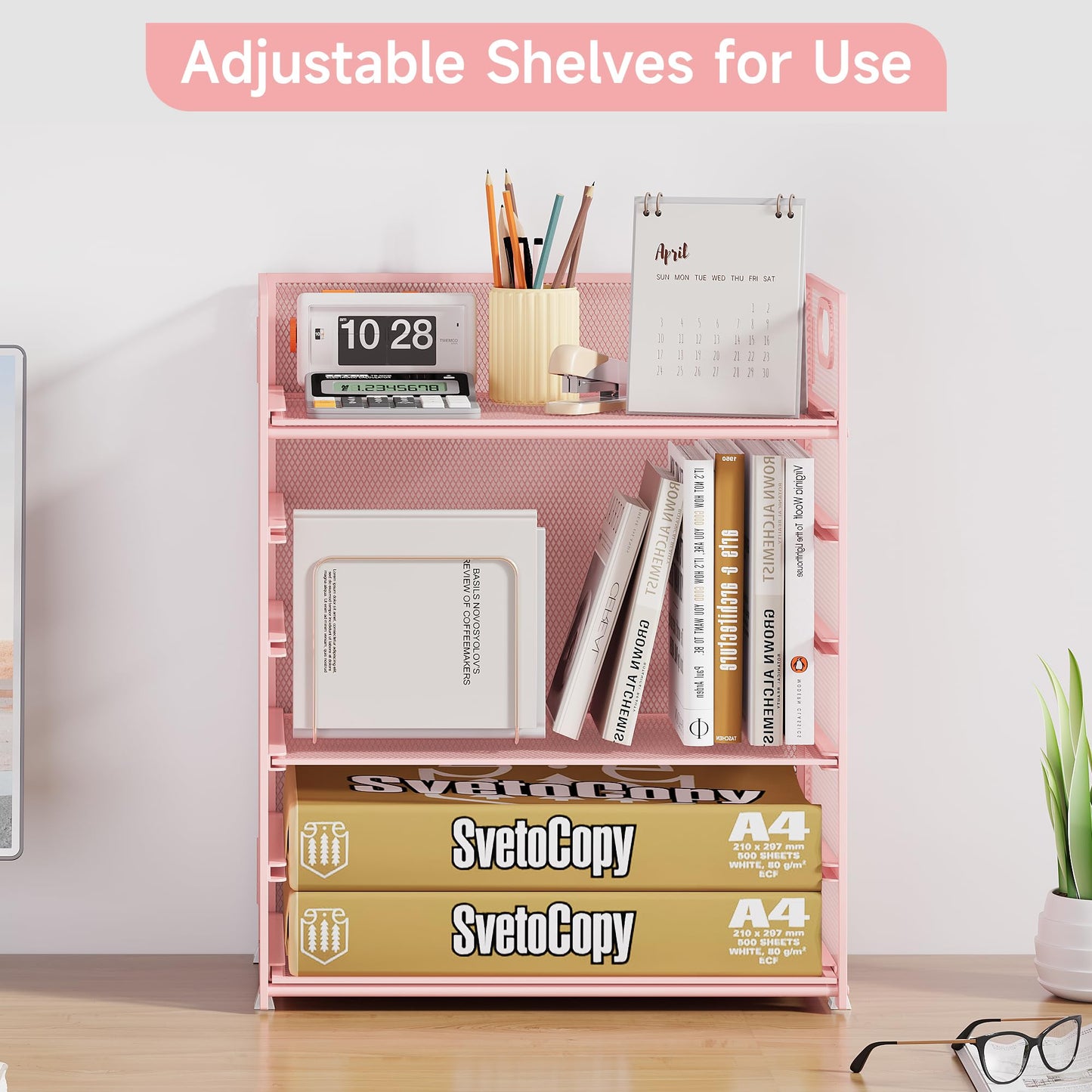 Marbrasse 6 Tier Desk Organizer, File Organizer with Handle, Mesh A4 Paper Organizer, Letter Tray for Office, Home or School (Pink)