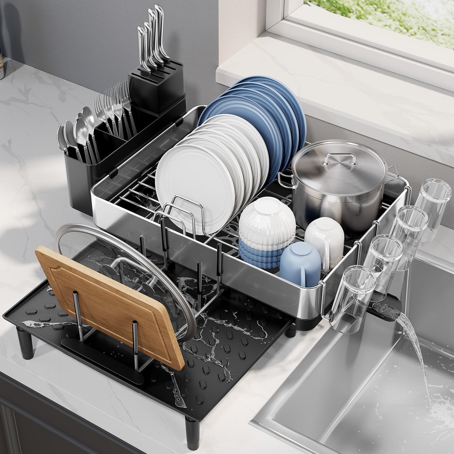 Expandable Dish Rack with Drainboard - Stainless Steel Dish Drainer with Removable Cutlery Tray, Foldable Cup Holder, Elevated Feet, Multifunctional Drainboard for Sink Countertop Kitchen Storage