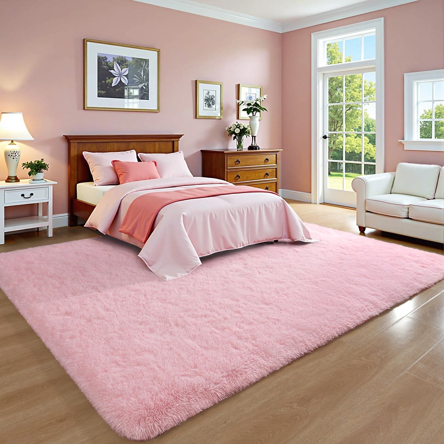 Keeko Extra Soft Area Rugs for Living Room Bedrooms, 5x7 Pink Fluffy Washable Bedroom Large Area Rug Cute Faux Fur Rug High Pile Carpet Indoor Rug for Girls Kids Nursery Baby Room Decor