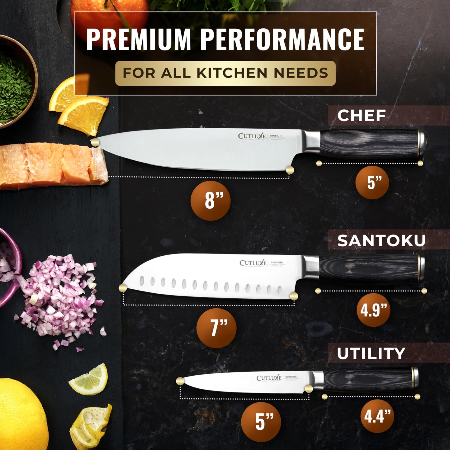 Shinobi Chef Knife Set, Professional 3 PCS Kitchen Knife Set – Japanese Kitchen Knife Design, Razor Sharp High Carbon Stainless Steel Blades, Ergonomic Pakkawood Handles, Full Tang by Cutluxe