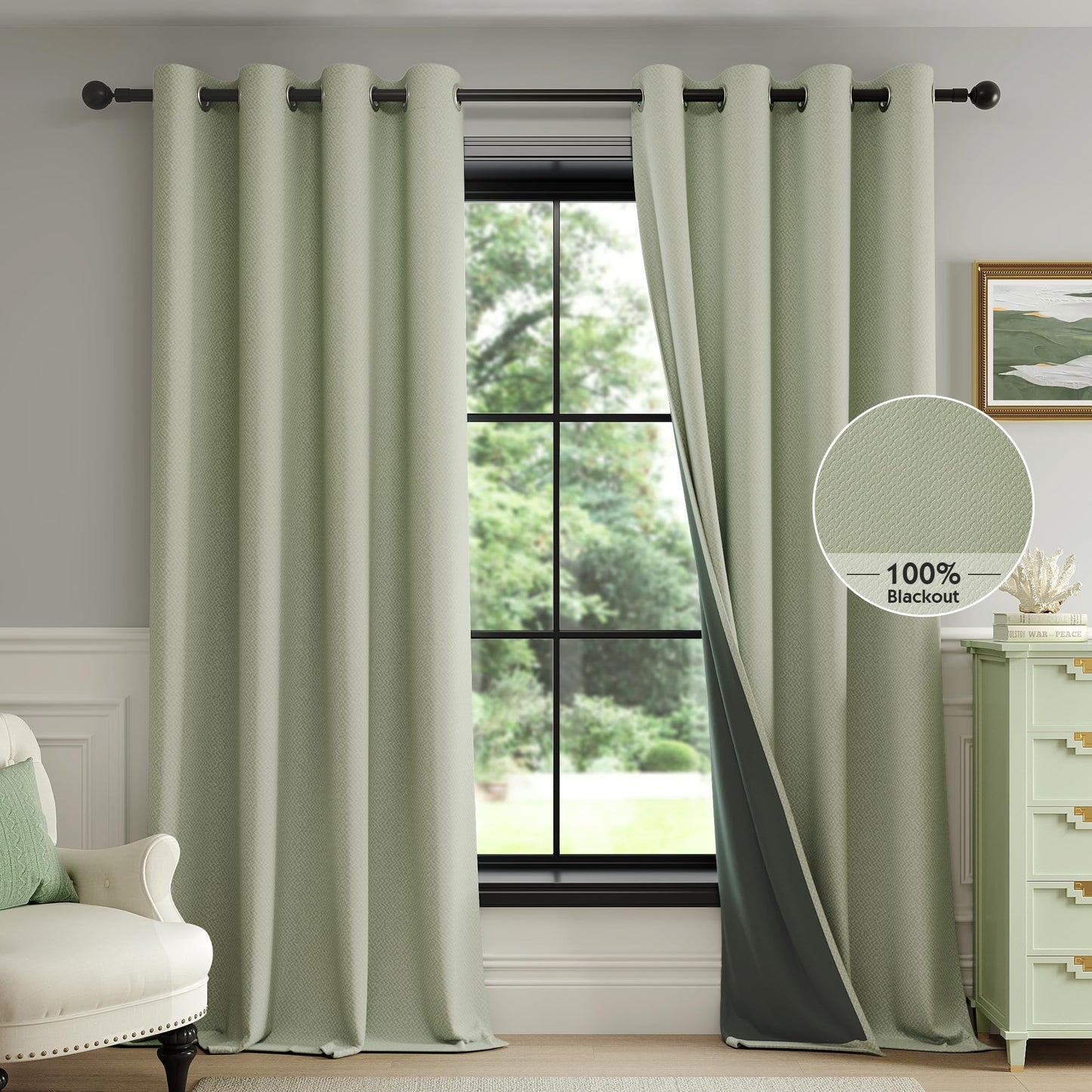 FMFUNCTEX 100% Green Blackout Curtains for Bedroom, Sage Green Weave Textured Curtains 84 Inches Long for Living Room Darkening Thermal Insulated Curtains, Solid Black Out Drapes Grommet 2 Panels