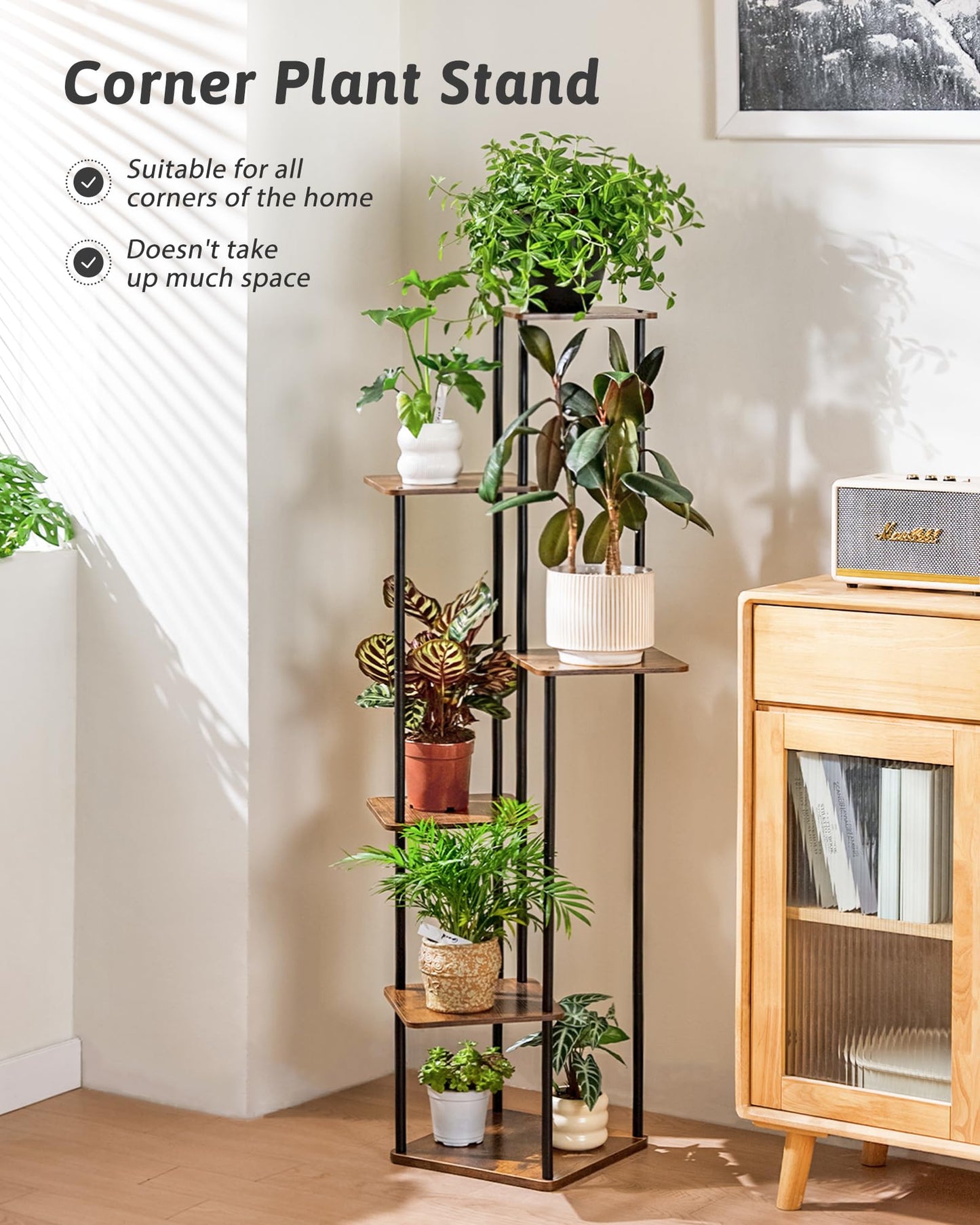 Tall Plant Stand Indoor 6 Tier Metal Plant Shelf for Multiple Plants Corner Plant Stand for Patio Garden Balcony Living Room Bedroom(Brown)