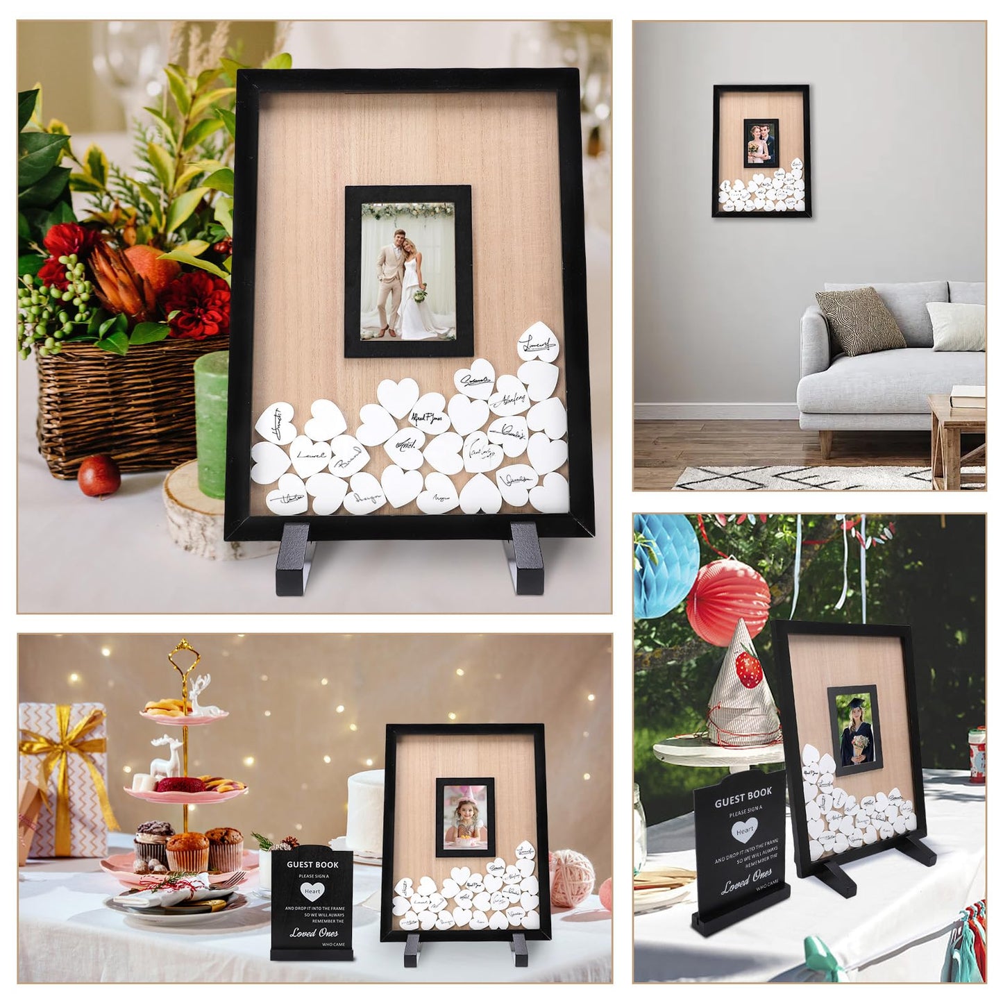 Gugxiom Wedding Guest Book Alternative, Wooden Picture Frame Guestbooks with 90+ hearts, Guest Book Alternative for Wedding Baby Shower Anniversary Birthday Party (Black)