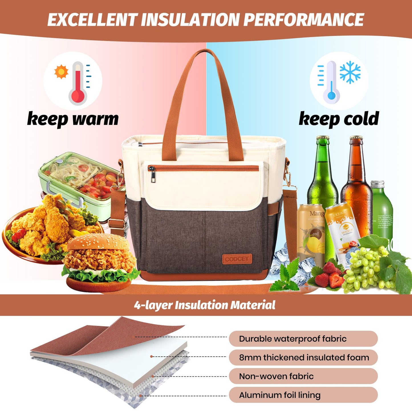 Codcey Lunch Box Reusable Lunch Bag Women, Leakproof Insulated Lunch Cooler Bag for Women, Large Lunch Tote Bags Adults(Brown,16.2L)