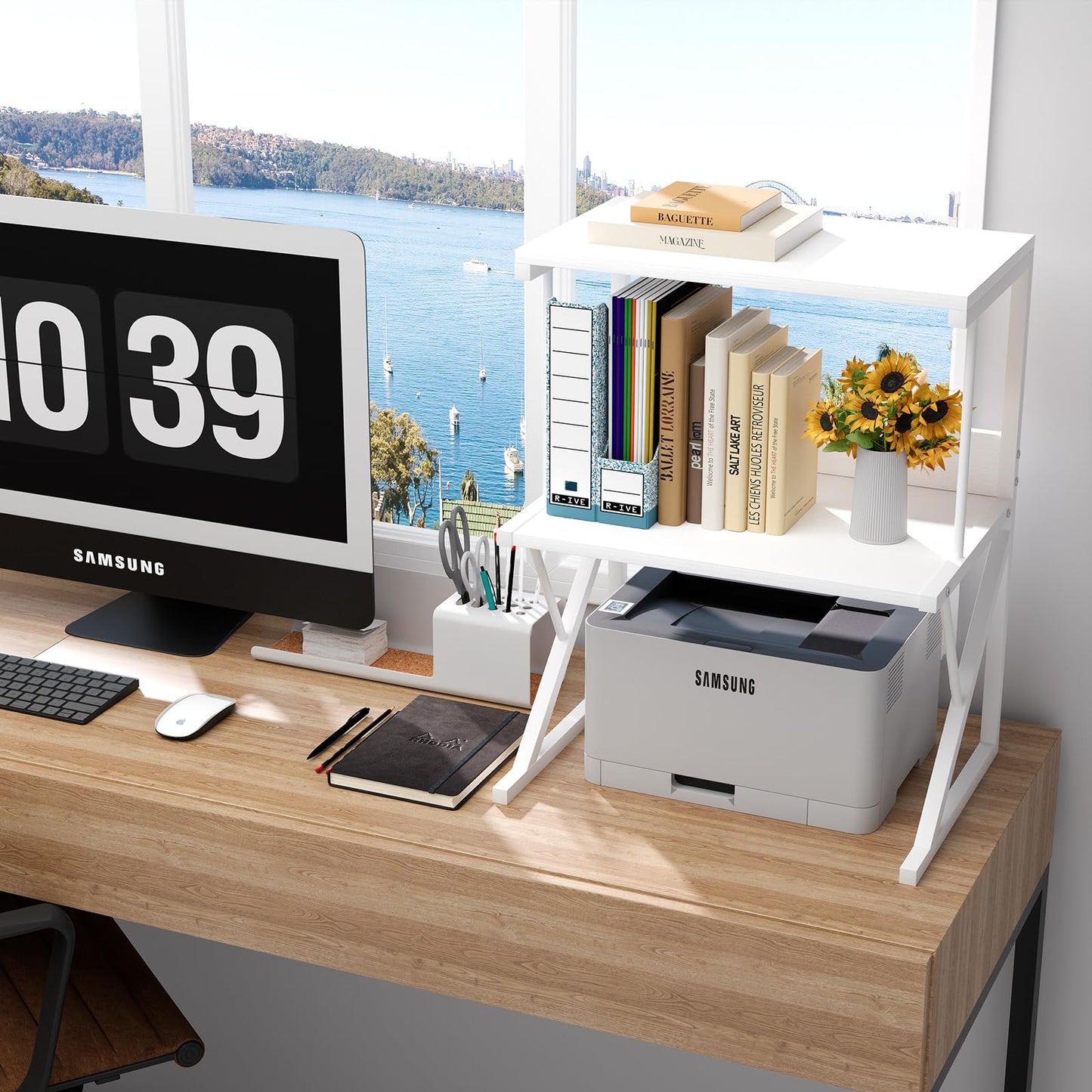 aboxoo Printer Stand for Desk, Desktop Printer Shelf Large Printer Stands 3 Tiers Multi-Purpose Desk Office Organization Shelves for Home Office Printer Fax Book, White