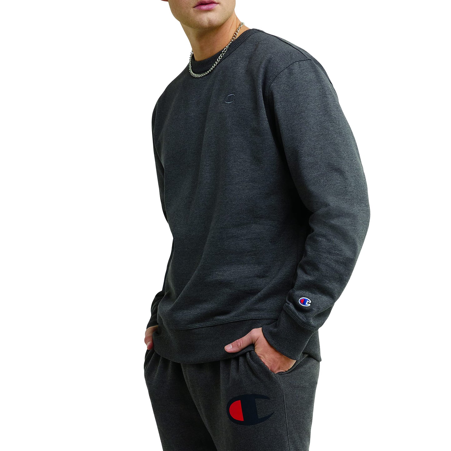 Champion Men's Powerblend Crewneck Sweatshirt,Best Crew Sweatshirts for Men(Reg. or Big & Tall), Granite Heather C Logo, Large Tall