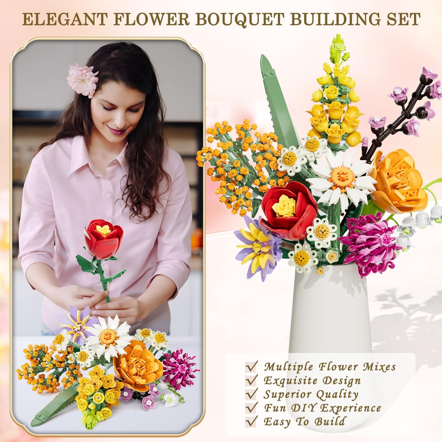 Flowers Bouquet Building Set, 1070PCS Wildflower Botanical Collection, Artificial Plant Flower Kit Toy for Adults Kids Women Her, Home Decor Gift for Birthday, Valentine's Day, Christmas (No Vase)