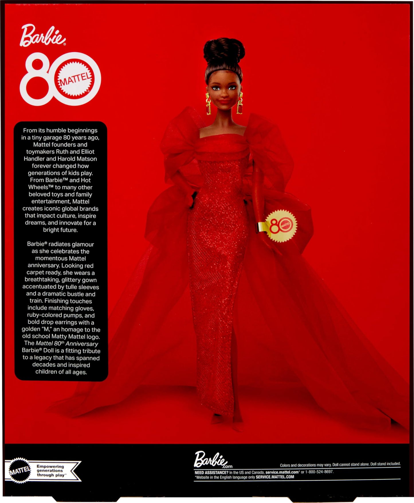 Barbie Signature Doll, Mattel 80th Anniversary Collectible in Glittery Red Tulle Gown with Drop Earrings and Sheer Gloves, Brunette