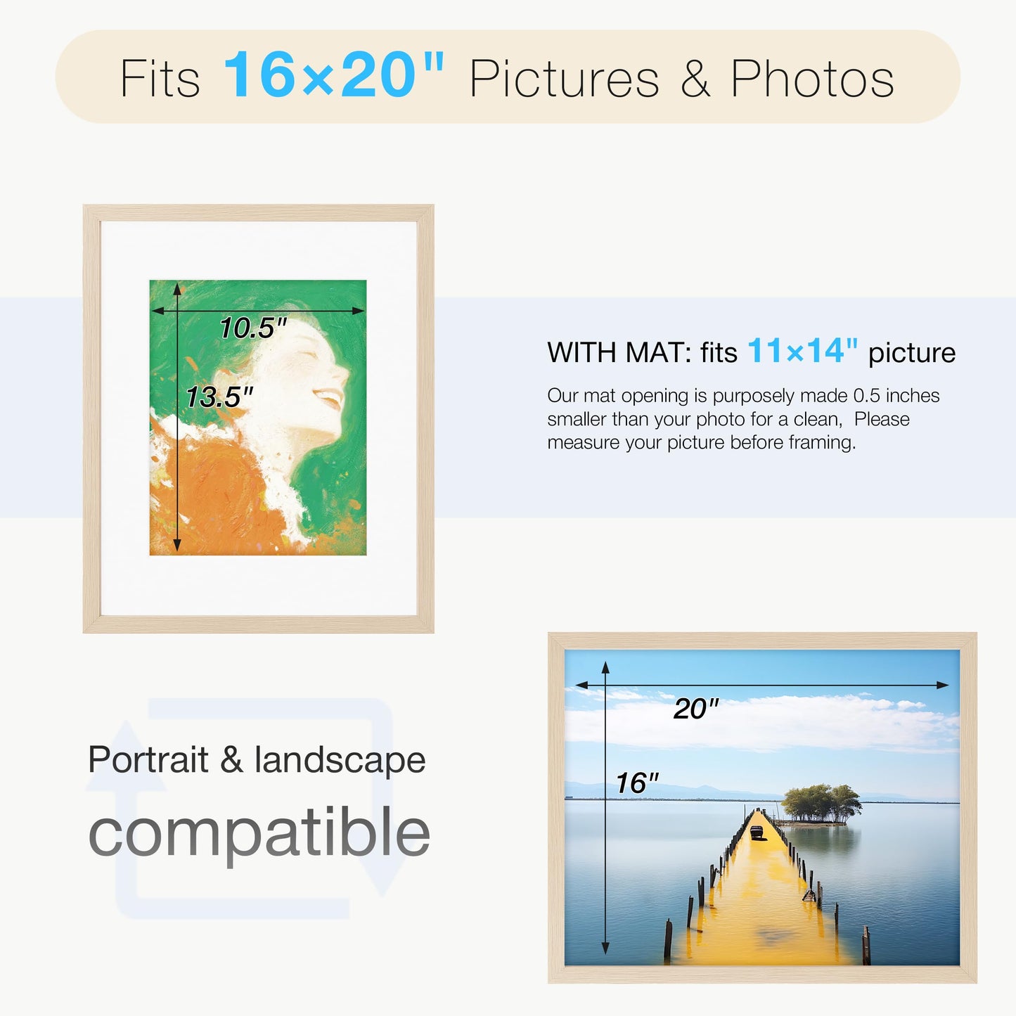 LIVINGTASTE 16x20 Picture Frame Set of 4 Natural Solid Wood Veneer 4 Pack Picture Frames 16x20 Matted to 11x14 with Shatterproof Plexiglass, Wooden 16 x 20 Frame for Vertical or Horizontal Wall Mounting Display
