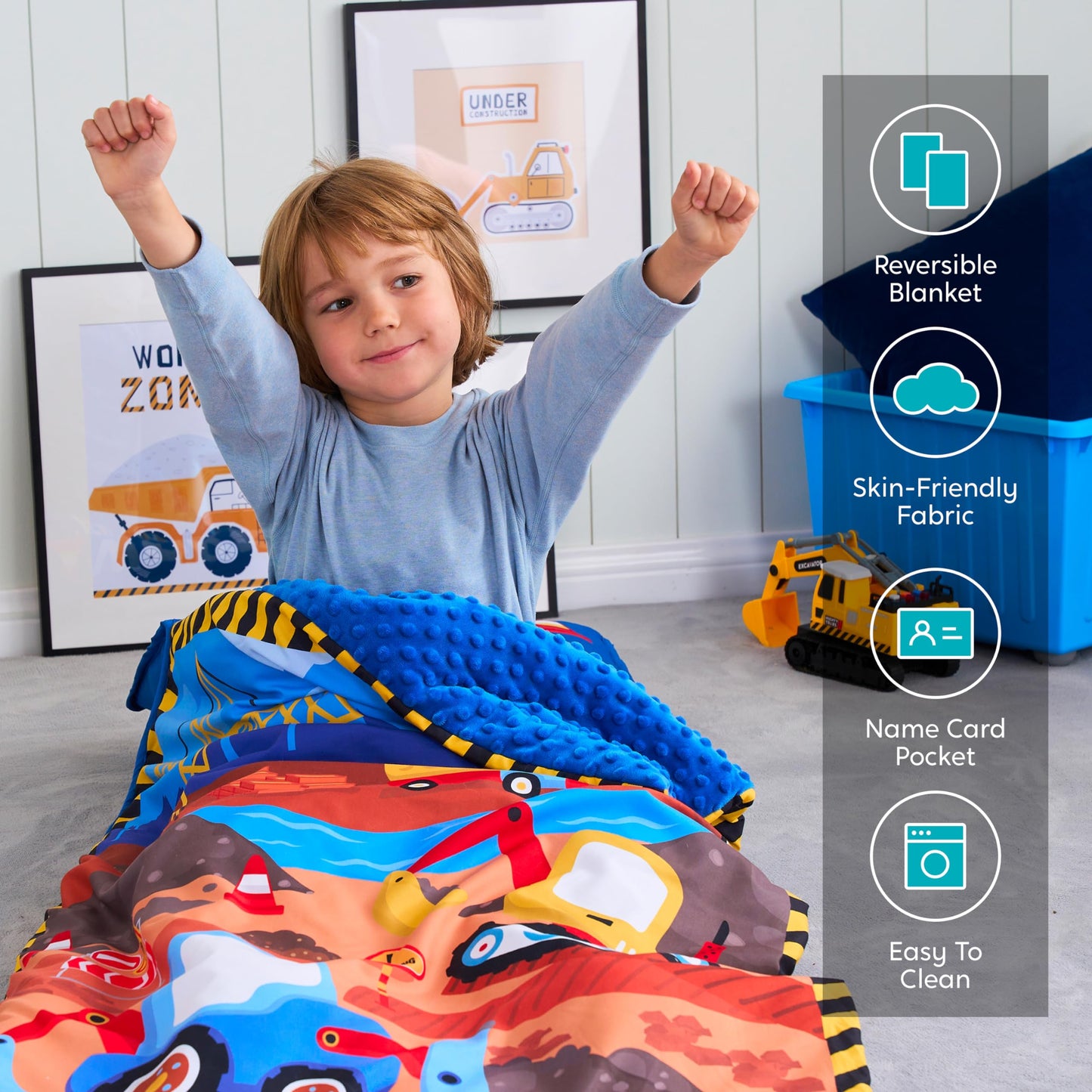 JOIEDOMI Toddler Sleeping Bag for Kids 55''x30'' Nap Mat with Removable Pillow and Minky Blanket for Toddler Ages 3-7 Roll Up Kids Sleeping Bag for Boys Girls Kindergarten Daycare Sleepover Vehicle