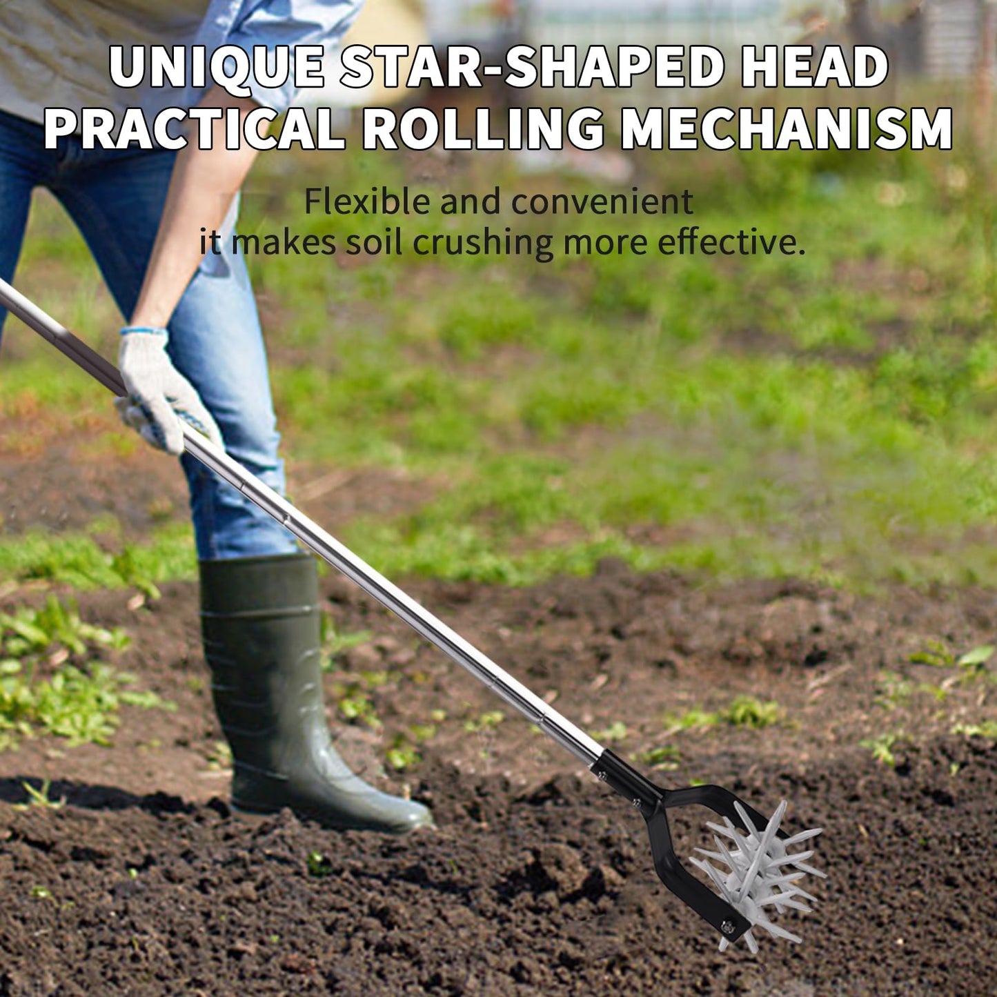 BARAYSTUS Rotary Cultivator Tool, Adjustable Garden Hand Tiller, Aerate, Weed, Plant, Garden Cultivator for Soil Mixing or Reseeding Grass