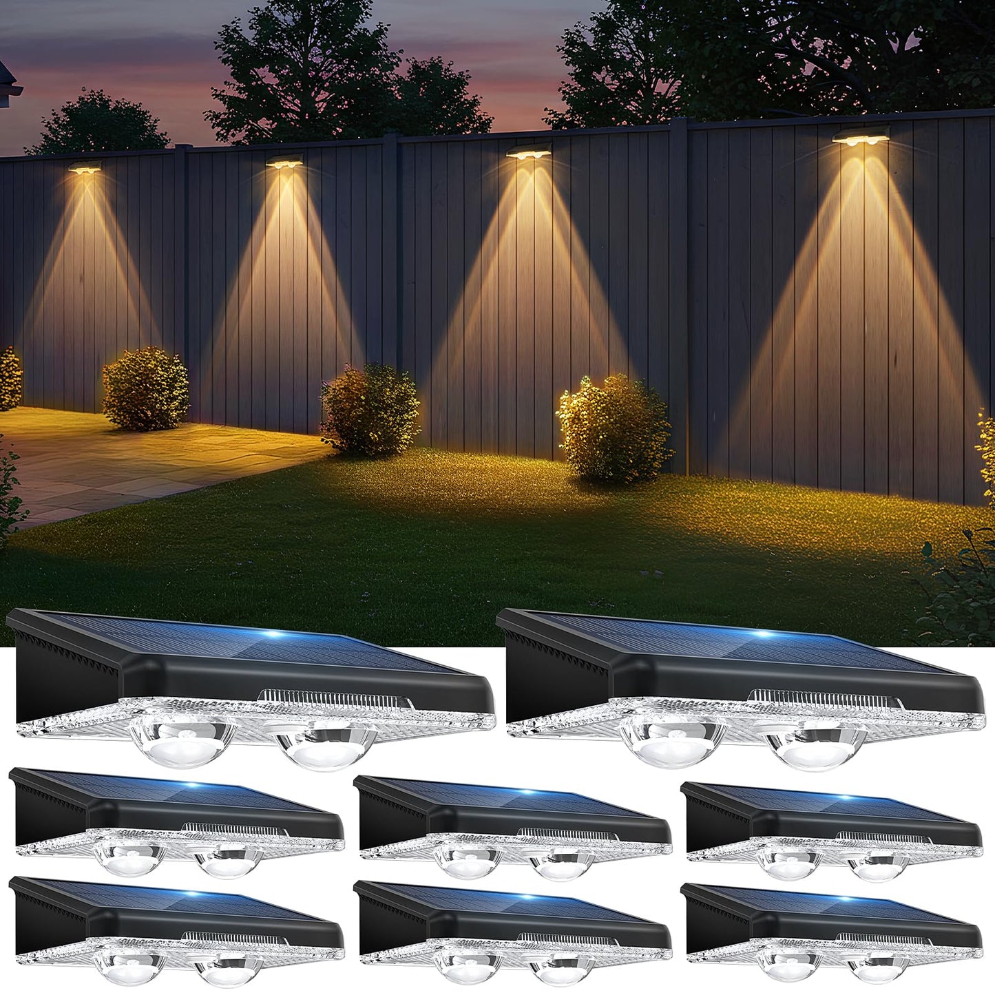 Solar Fence Lights, 8 Pack Claoner 50LM Waterproof Solar Light Outdoor, Dual LED with Lens, Backyard Lights for Wall, Step, Pool, Railing