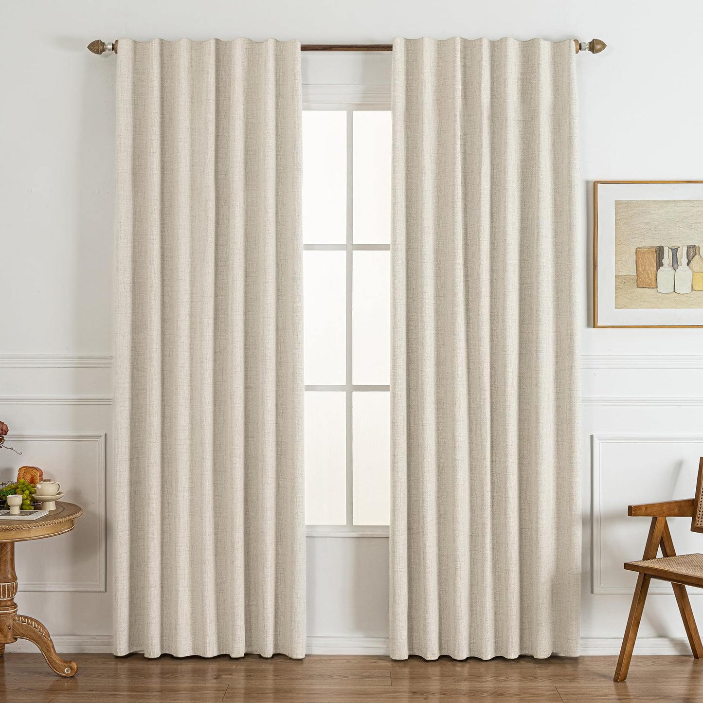 Gleantdeco 100% Blackout Bedroom Curtains-Thermal Insulated Room Darkening Window Drapes, 84" (7ft) 2 Panels, Natural Linen Blend Fabric with Boho Farmhouse Drapes with Back Tab Rod Pocket, Cream