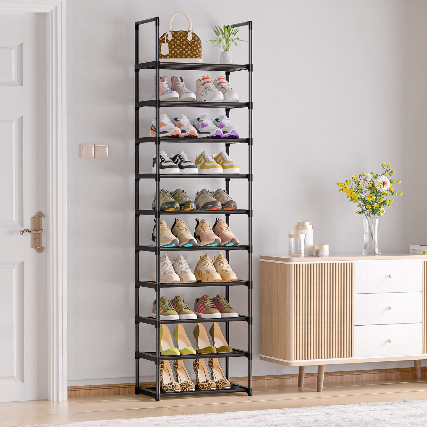 OYREL 10 Tier Shoe Rack,Sturdy Metal Shoe Organizer, Narrow Shoe Rack, Shoe Racks for Closets, Black Shoe Shelf