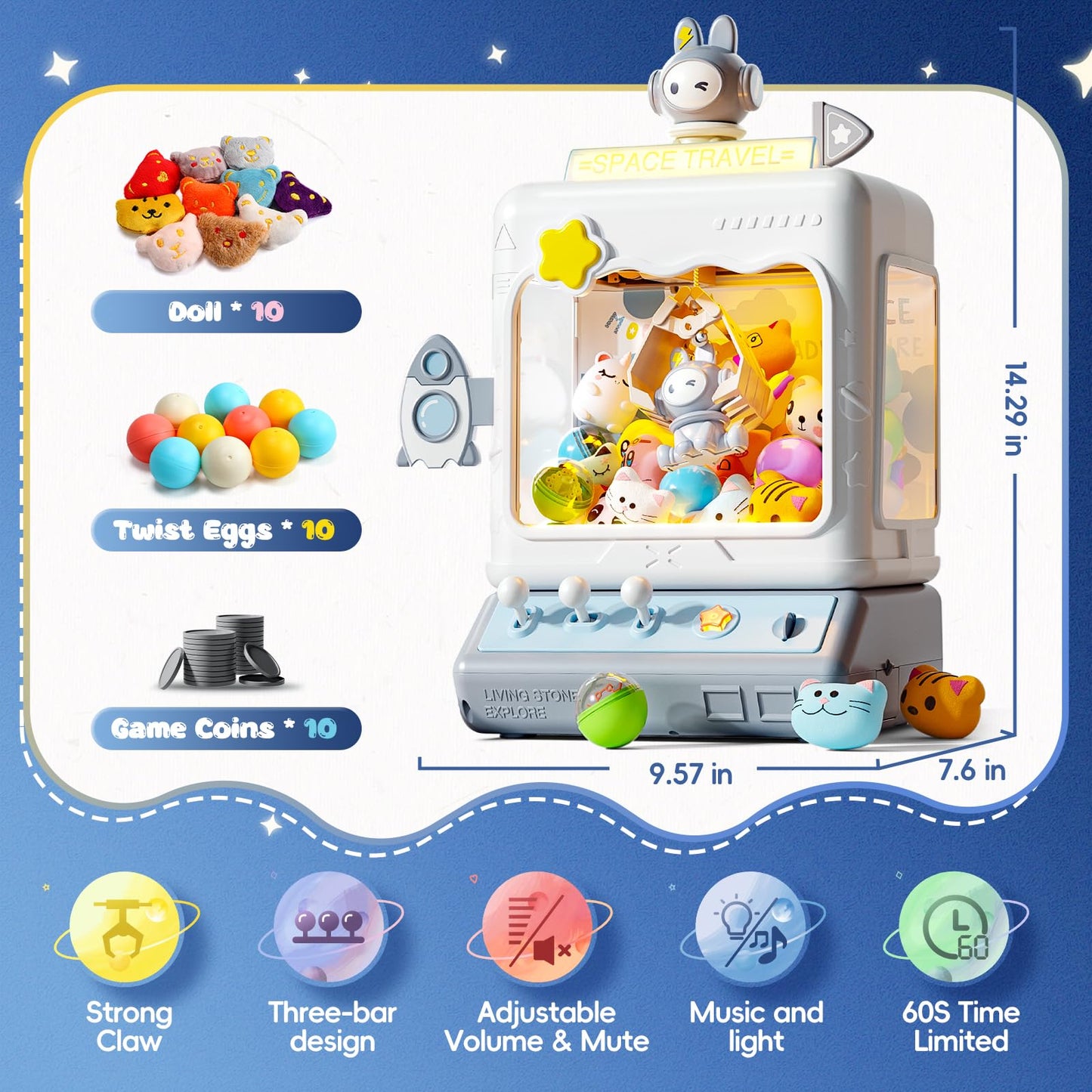 Skirfy Space Claw Machine for Kids, Mini Electronic Game Vending Machine,Candy Dispenser Game for Kids，Birthday for Girls Boys(Blue)