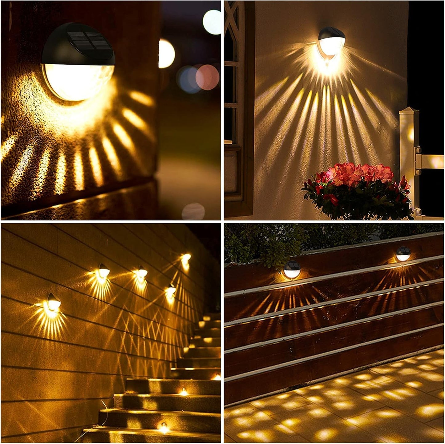Quntis Solar Fence Lights Outdoor, 4 Pack Solar Lights Outdoor with Dusk to Dawn Sensor, IP65 Waterproof Decorative Wall Lights, Warm White Solar Garden Lights for Fence Patio Backyard Balcony Railing