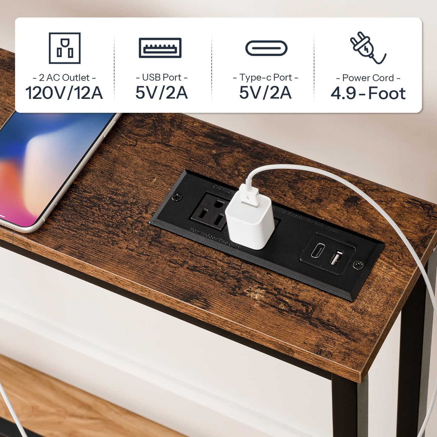 HOOBRO 160 cm Skinny Console Table with Charging Station, Narrow Entryway Table with Power Outlets, Slim Sofa Table, Behind Couch Table for Hallway, Living Room, Foyer, Rustic Brown BF165UXG01G1