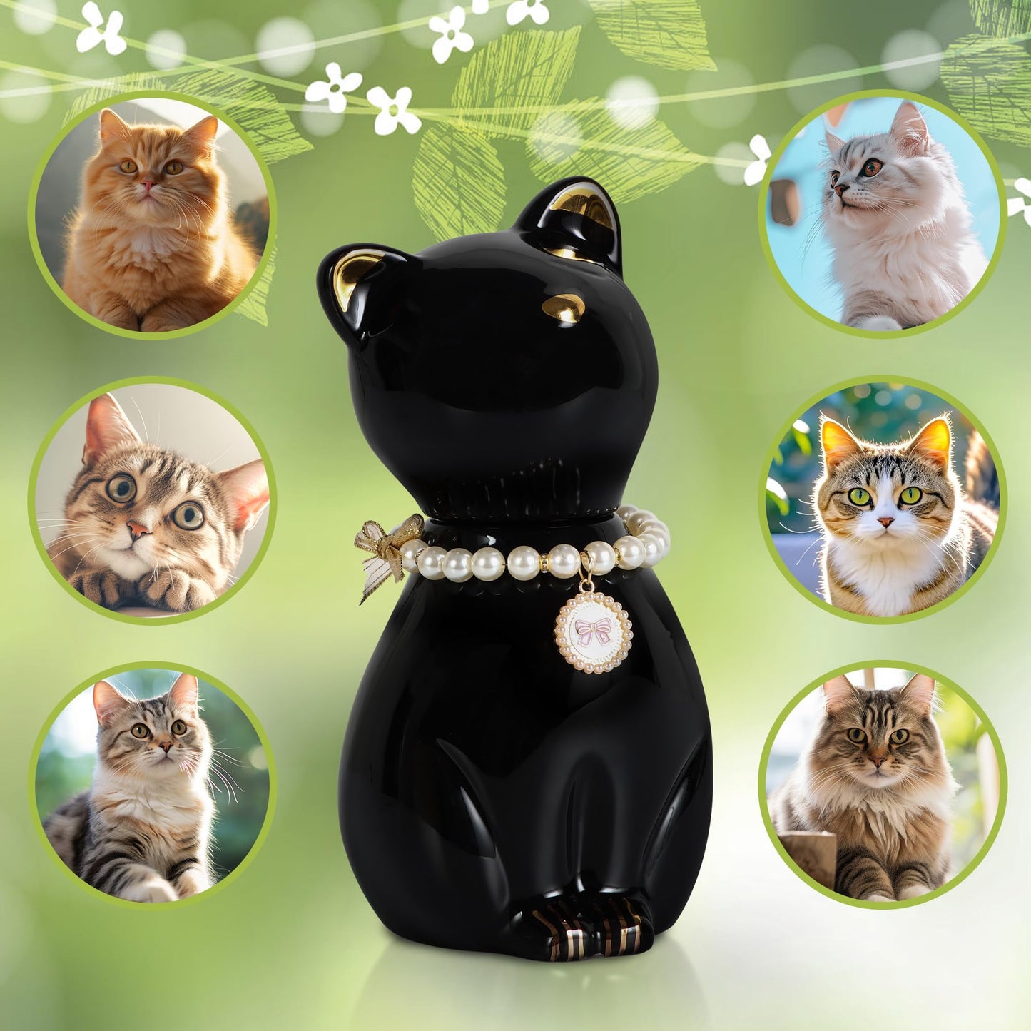 DiDiBirDi Cat Urns for Ashes, Elegant Ceramics Pets Cremation Keepsake, Black Pet Urns for Cats Memorial Box with Personalized Necklace (20lbs)