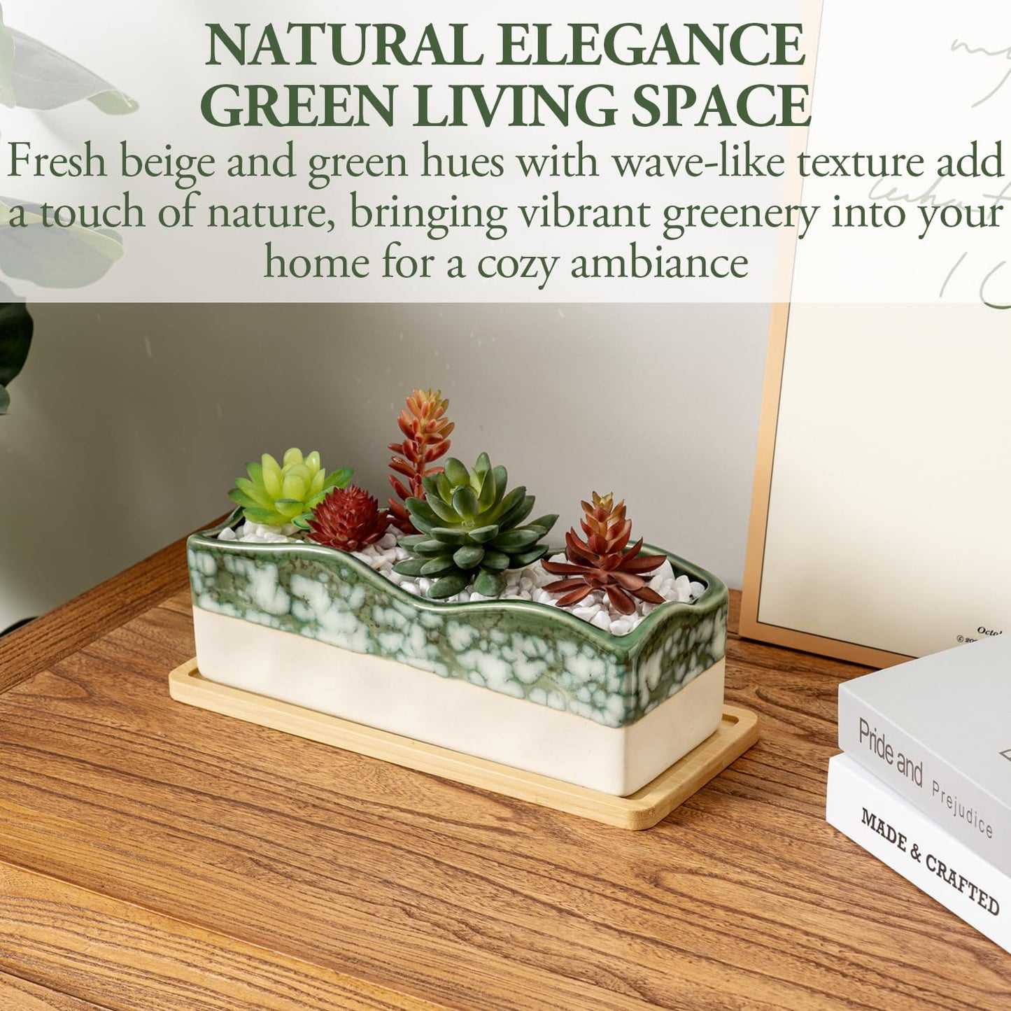 MyGift Rectangular Succulent Planter - Decorative Beige and Green Ceramic Glazed Plant Container Pot with Removable Bamboo Tray