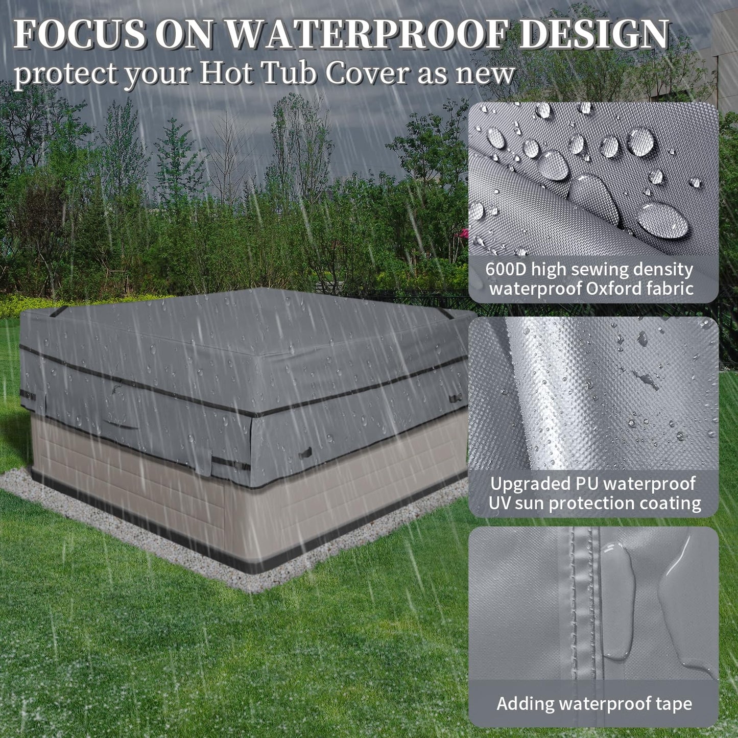 AKEfit Outdoor Waterproof and Weatherproof Hot Tub Cover 85 x 85 inch fit 84 x 84 or 83 x 83 or 82 x 82 or 7 ft x 7 ft Square SPA 600D Heavy Duty Cover Protectors Protective Cover Cap