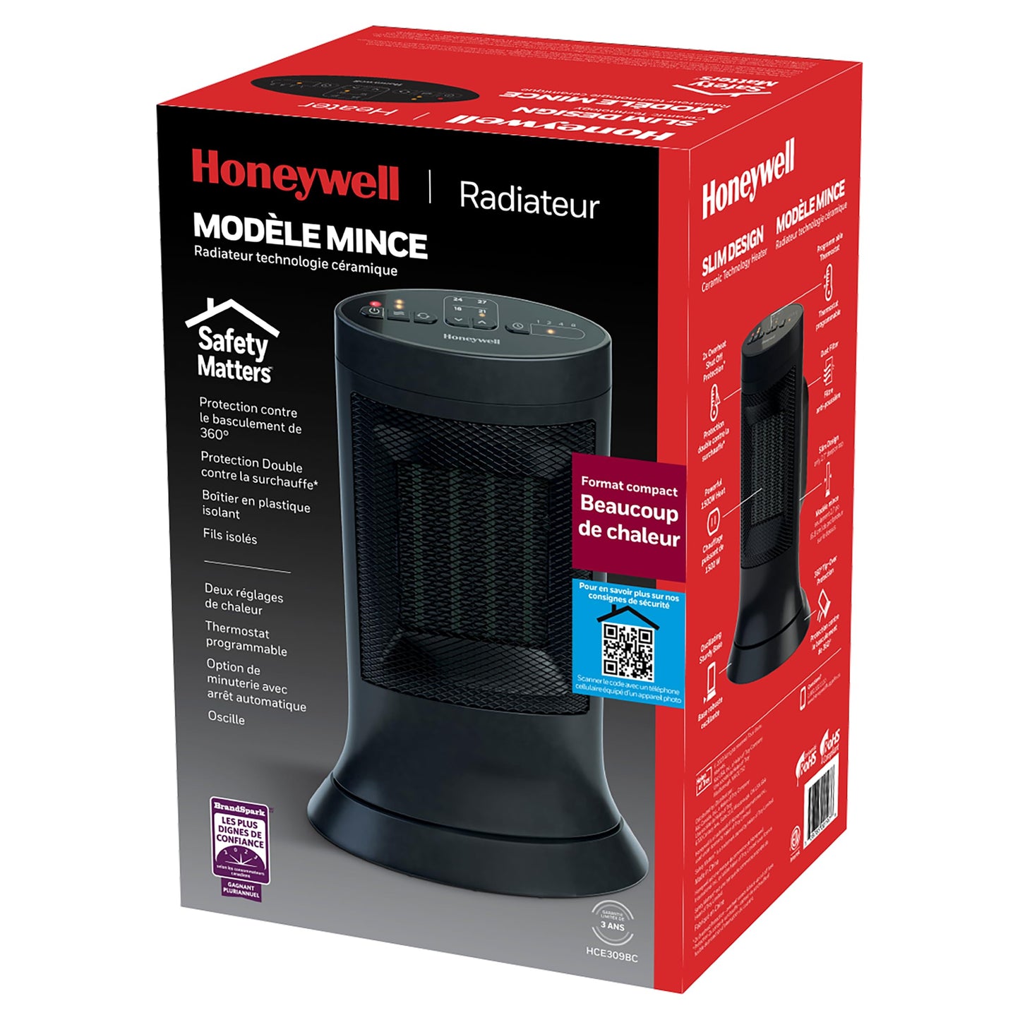 Honeywell HCE309BC Slim Ceramic Mini-Tower Space Heater for Bedroom, Office, Home, Black