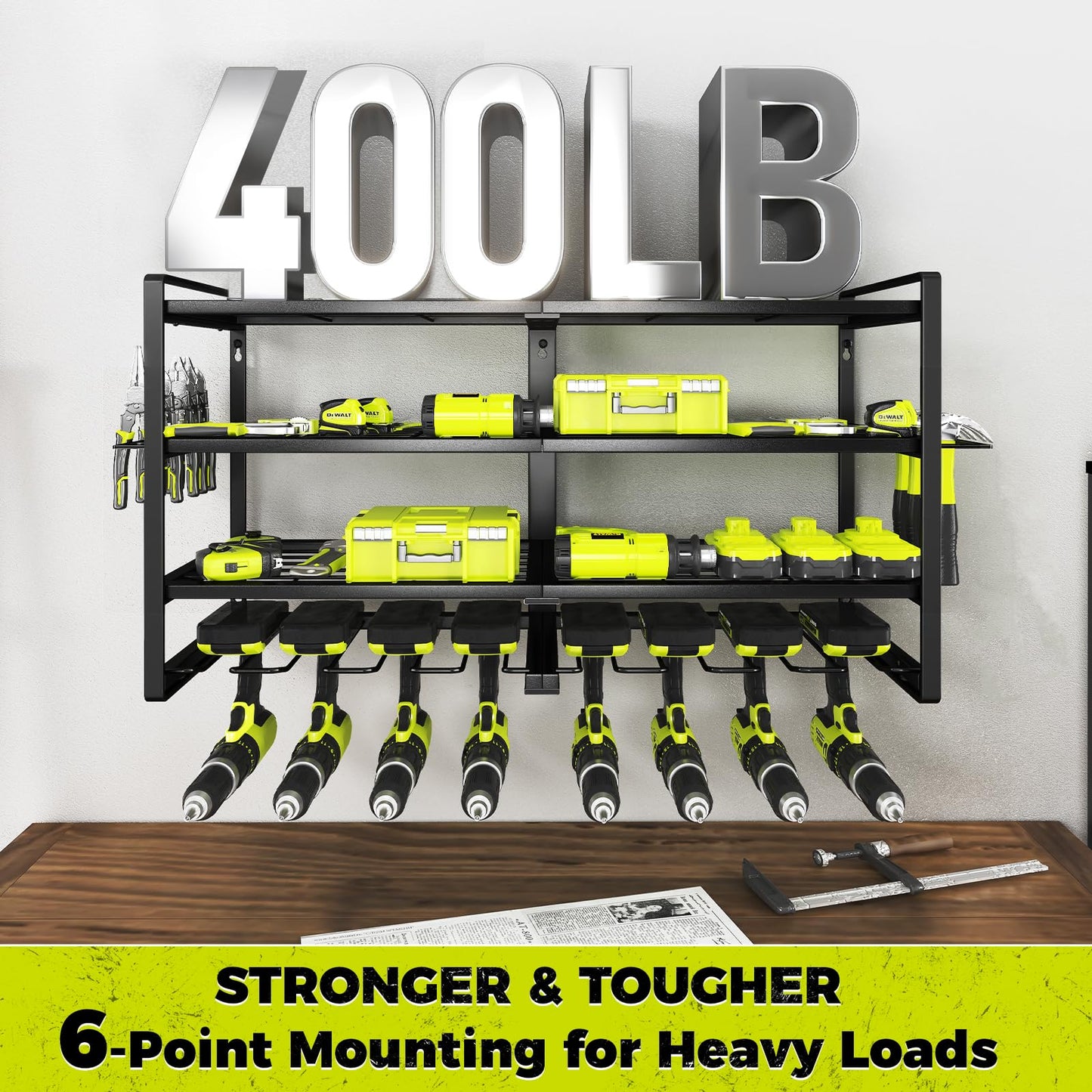 KAFAHOM Power Tool Organizer-8 Drill Holder Wall Mount,4 Layer Heavy Duty Metal Power Tool Storage Rack,Garage Tool Organizer and Storage with Screwdriver/Plier/Hammer Holder