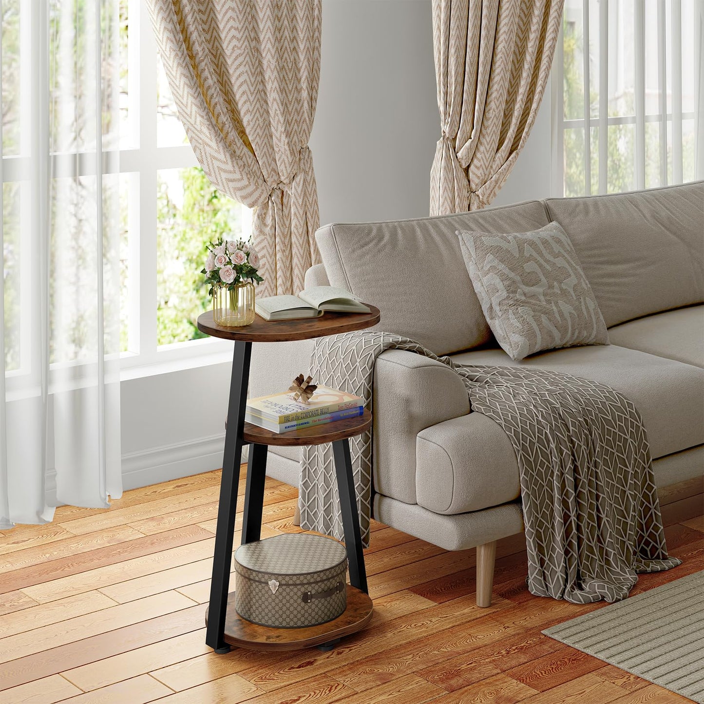 Kalrin Side Table, Small End Table with Metal Frame, 3-Tier Bedside Table, Round Side Table for Living Room Bedroom Couch Bathroom, Oval, Vintage Brown