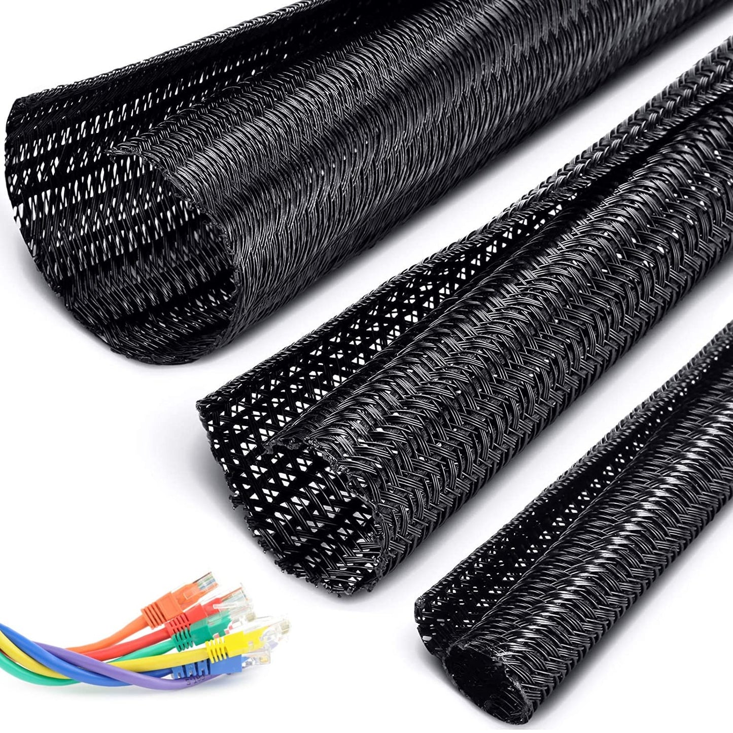 Black Cable Sleeve, 30Ft PET Braided Wire Cord Cover, 1/5, 1/2, 3/4 Inch Expandable Bulk Cables Sleeving, Wire Protector Tubing, Wire Management Automotive Wires Loom Mesh for Electrical Wires Conceal
