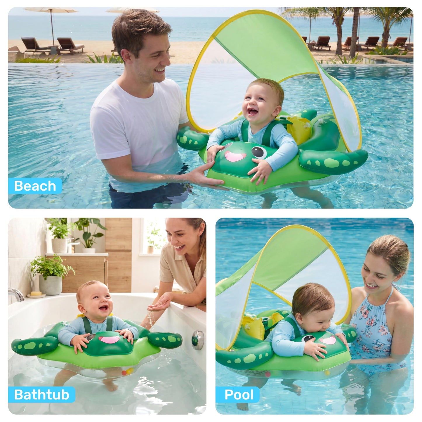 Sloosh Baby Swimming Floats with Removable Sun Canopy, Inflatable Baby Pool Float, Sea Turtle Design Infant Baby Swim Float Ring Swimming Pool Accessories for Age 12-36 Months