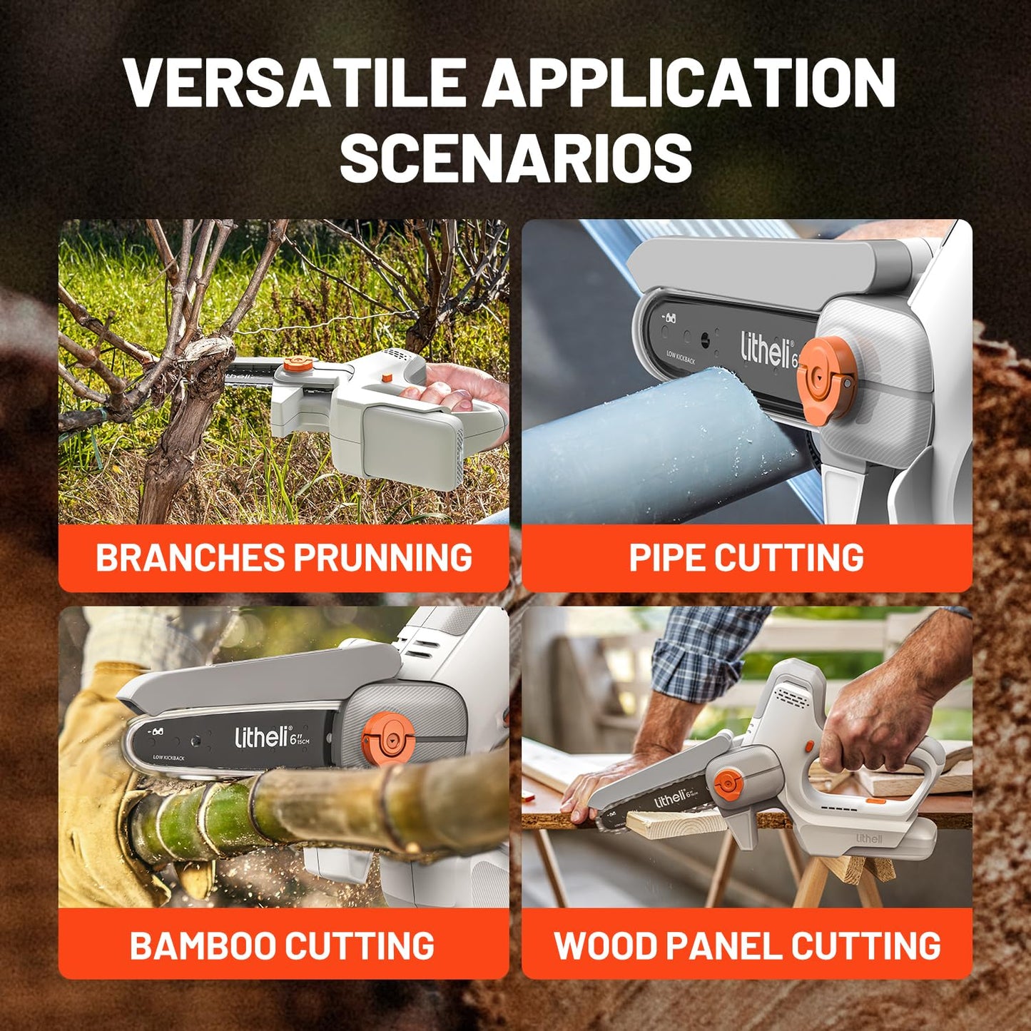 Litheli 20V 2.0Ah Battery Powered 6-Inch Mini Chainsaw Cordless, 300W Handheld Electric Chainsaw with 24.6ft/s Chain Speed, Small Portable Pruning Saw for Tree Trimming, Branch Cutting & Yard Work