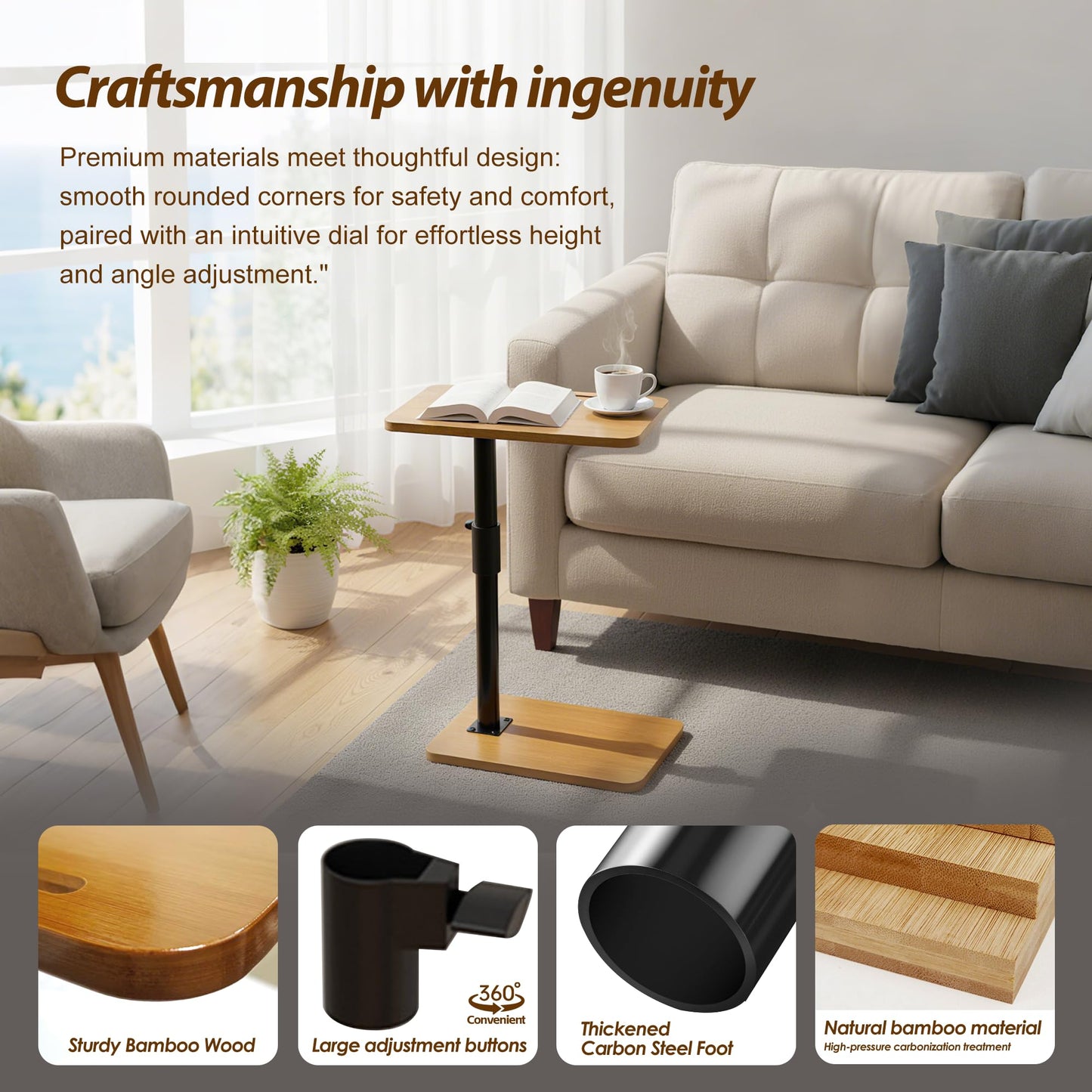 Side Table Adjustable Height C Shaped End Table - Small Couch Table Tray for Living Room, TV Tables for Eating, Swivel Desk and Sofa - Perfect for Couch Side Table