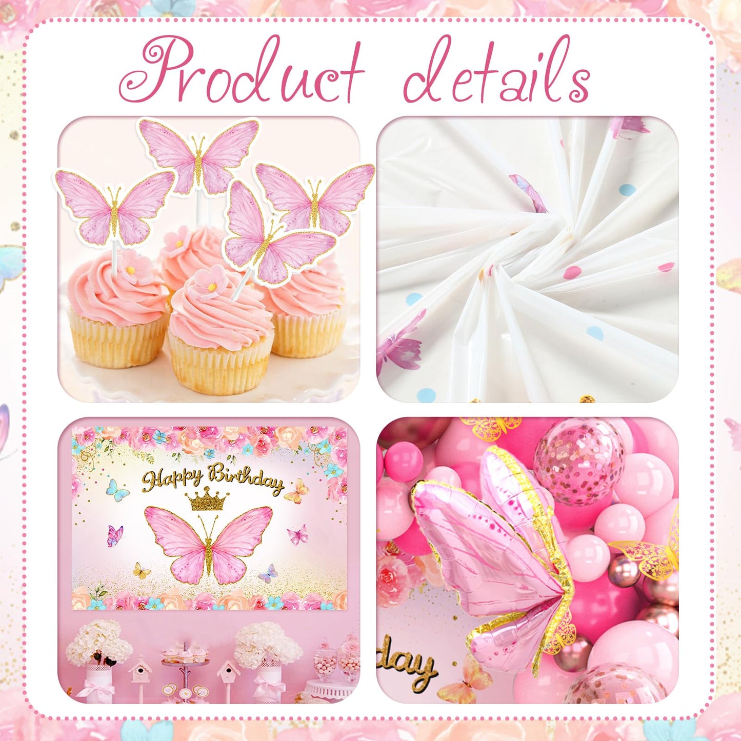 Pink Balloon Arch Kit with Foil Butterfly Balloons, Happy Birthday Backdrop & Tablecloth Decorations for Girl's Party - 106 Supplies