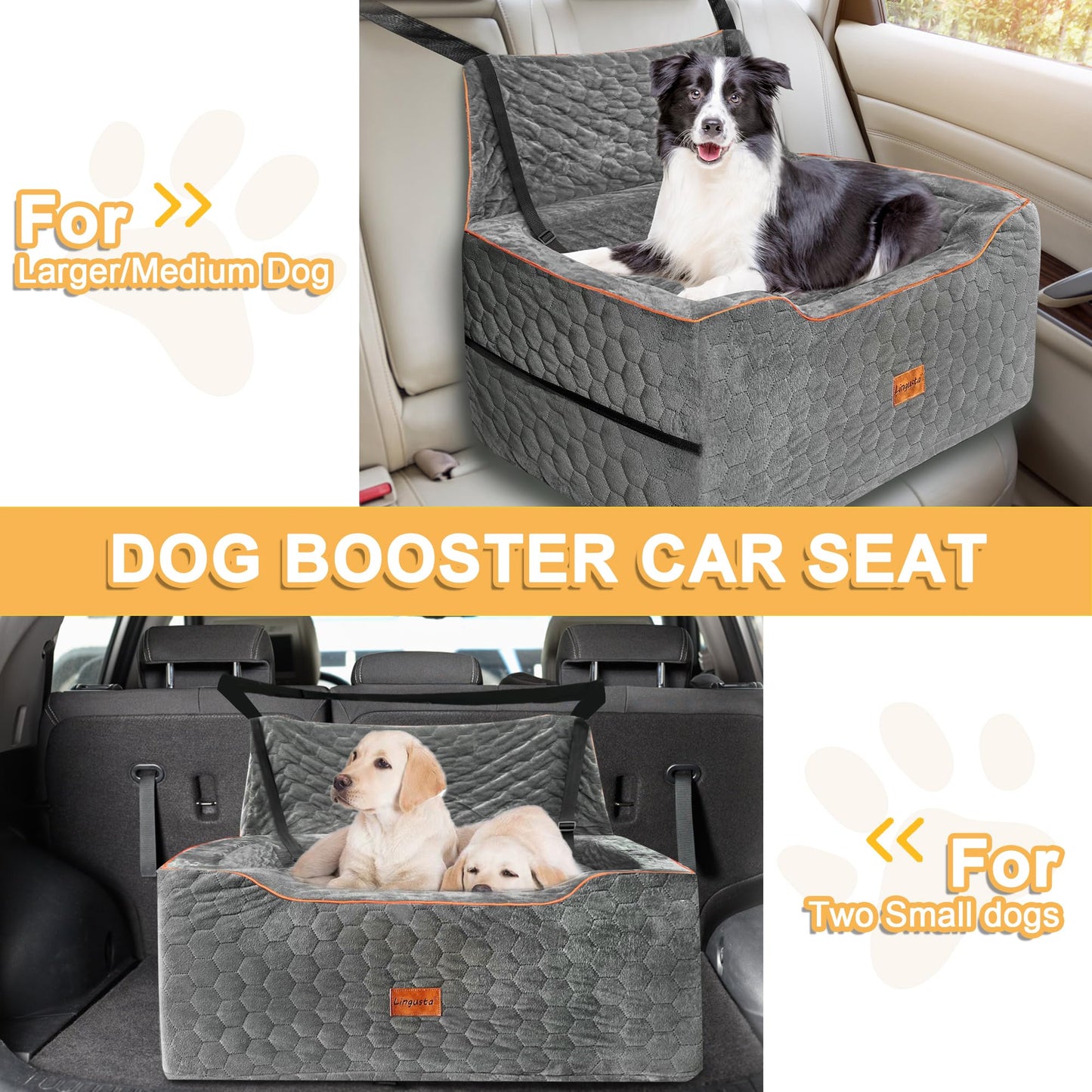 Dog Car Seat for Medium/Large Dogs, Booster Car Seats for Under 60 lbs or 2 Small Dogs, Elevated Pet Car Seat with Storage Pockets and Belt(Grey)