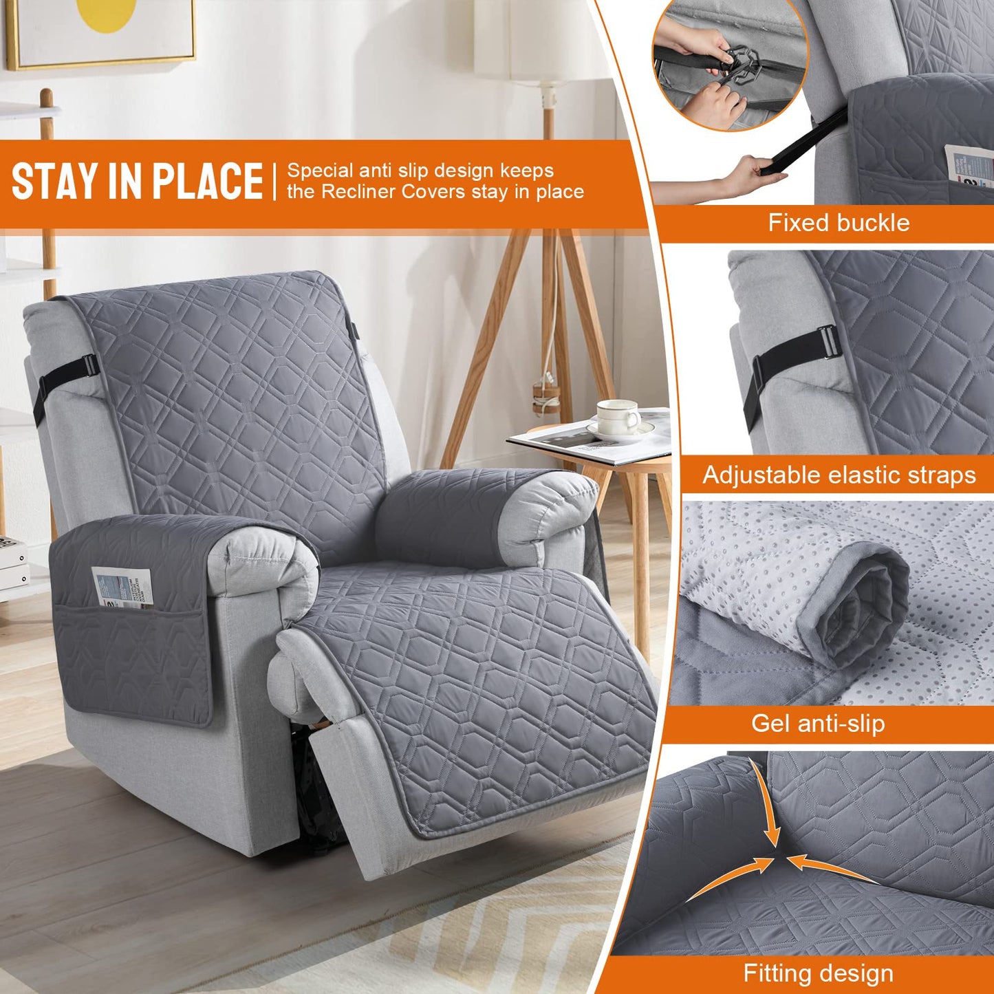 VANSOFY Waterproof Recliner Chair Covers, Recliner Cover Non-Slip Dog Chair Cover Furniture Protector Washable Slipcover with Pocket, Elastic Straps for Pets, Dogs(Dark Gray, 23.6")