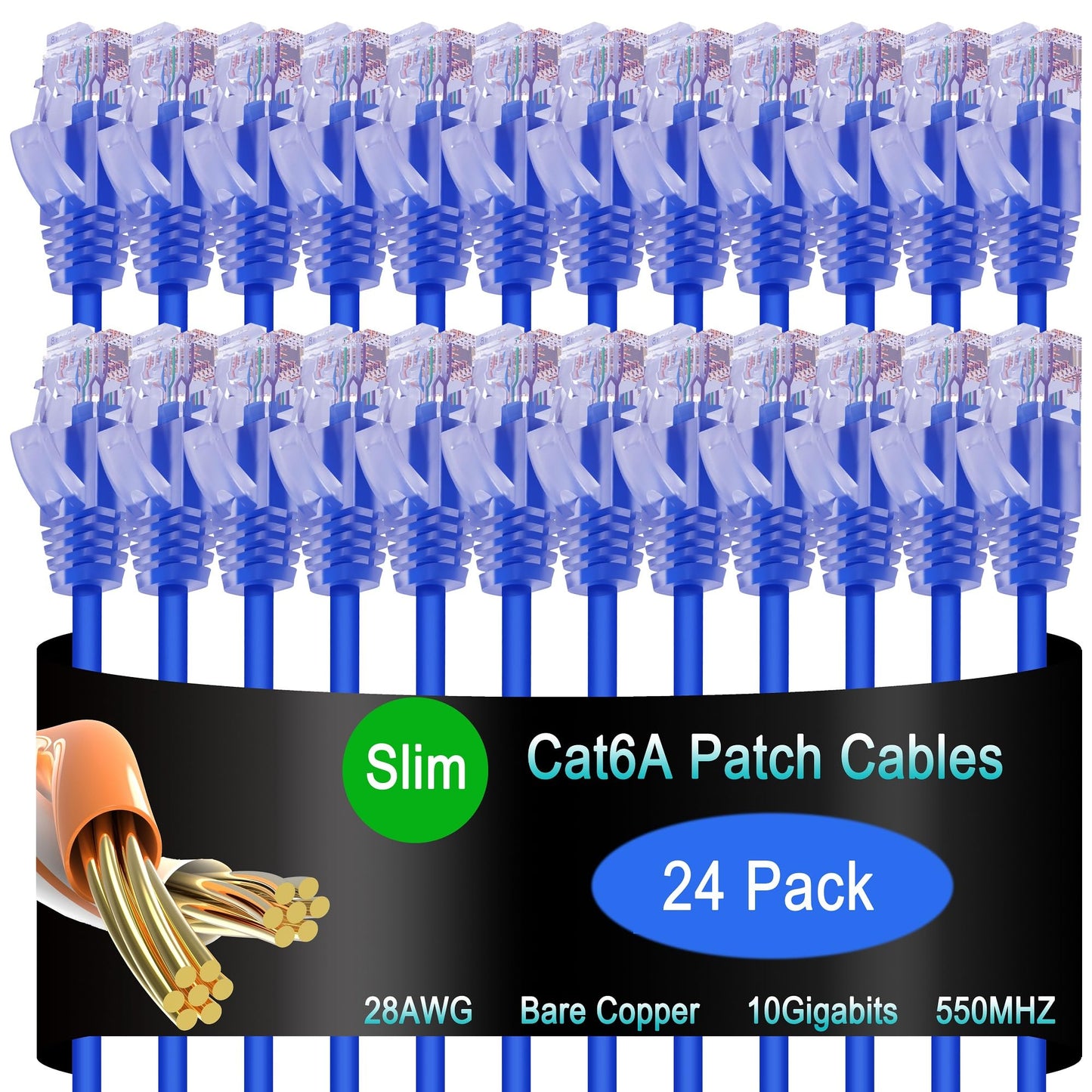 Lysymixs Cat6a Slim Ethernet Patch Cable 14 ft (24 Pack), Cat6a Patch Cable for Data Centers, Cat 6 Patch Cable 10G, Network Patch Cables for Home and Enterprise Network -Blue