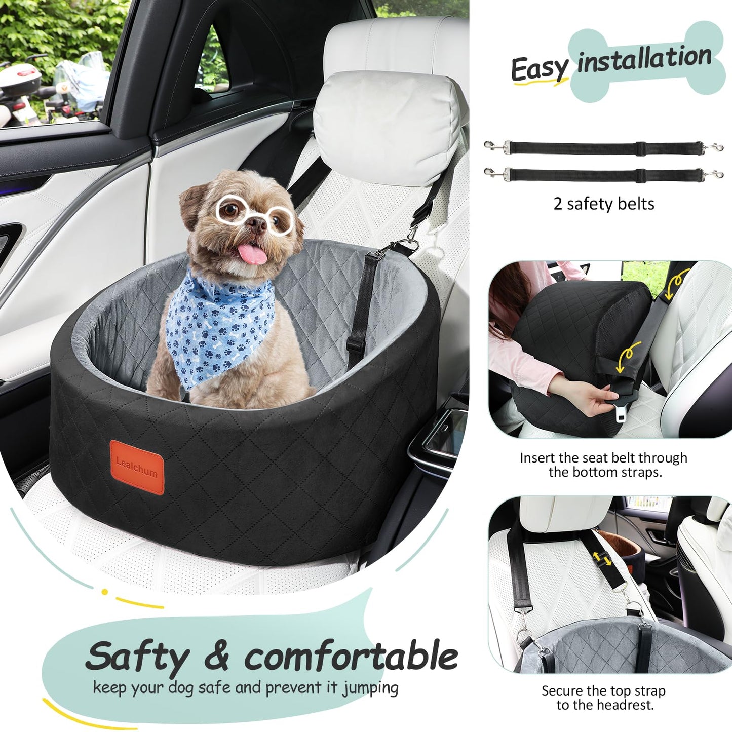 Lealchum Dog Car Seat Up to 30 lb Dogs, 2 Adjustable Safety Dog Leashes, Pet Washable Travel Car Seat with Non-Slip Bottom, Easy to Install and Removable, Covered with Soft Fabric (Black/Grey, Small)