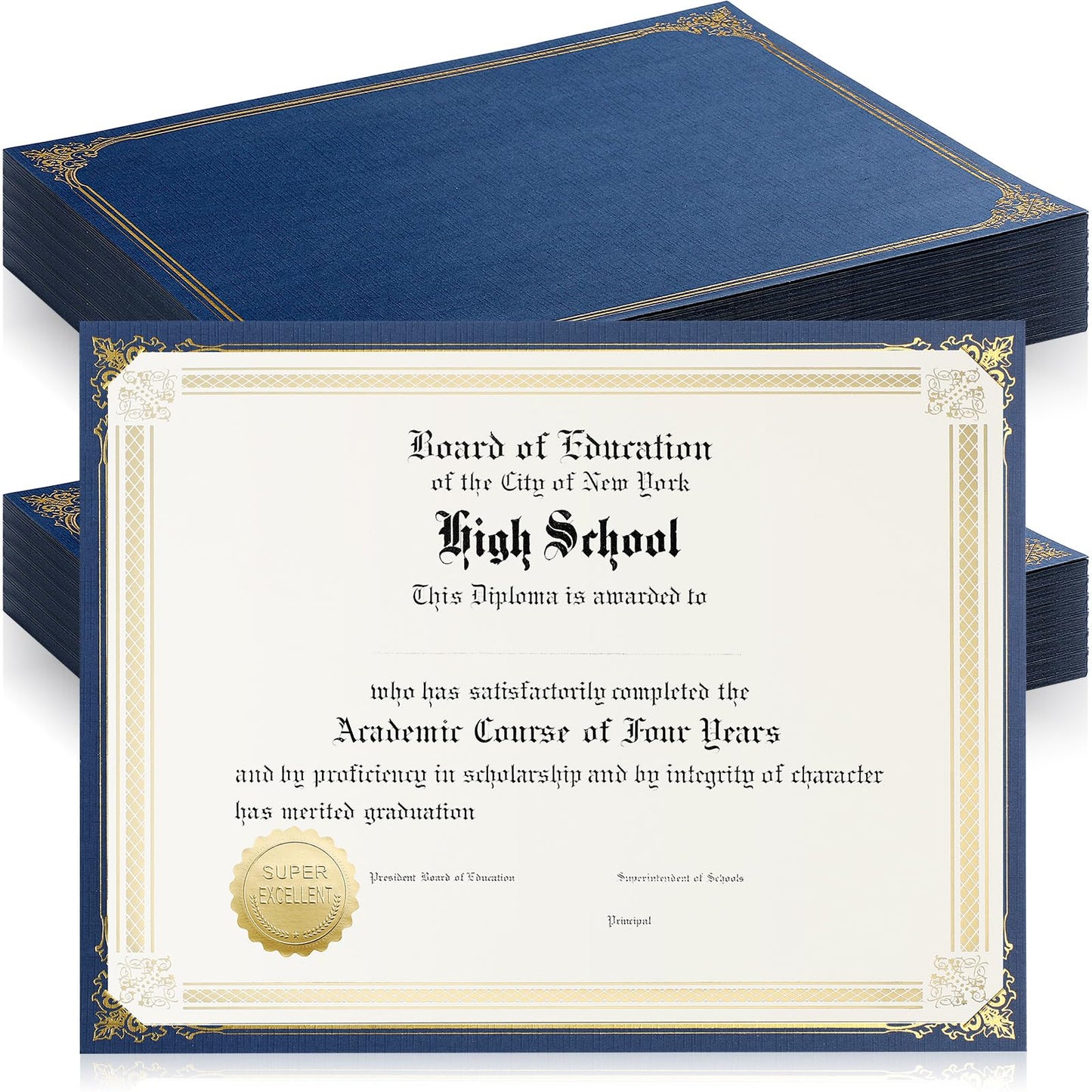 Kosiz 50 Pcs Navy Blue Linen Textured Single Sided Certificate Holders with Gold Foil Border Diploma Cover for 8.5 x 11'' Letter Sized Award Cardstock Graduation Diploma Holder for Competition Supply