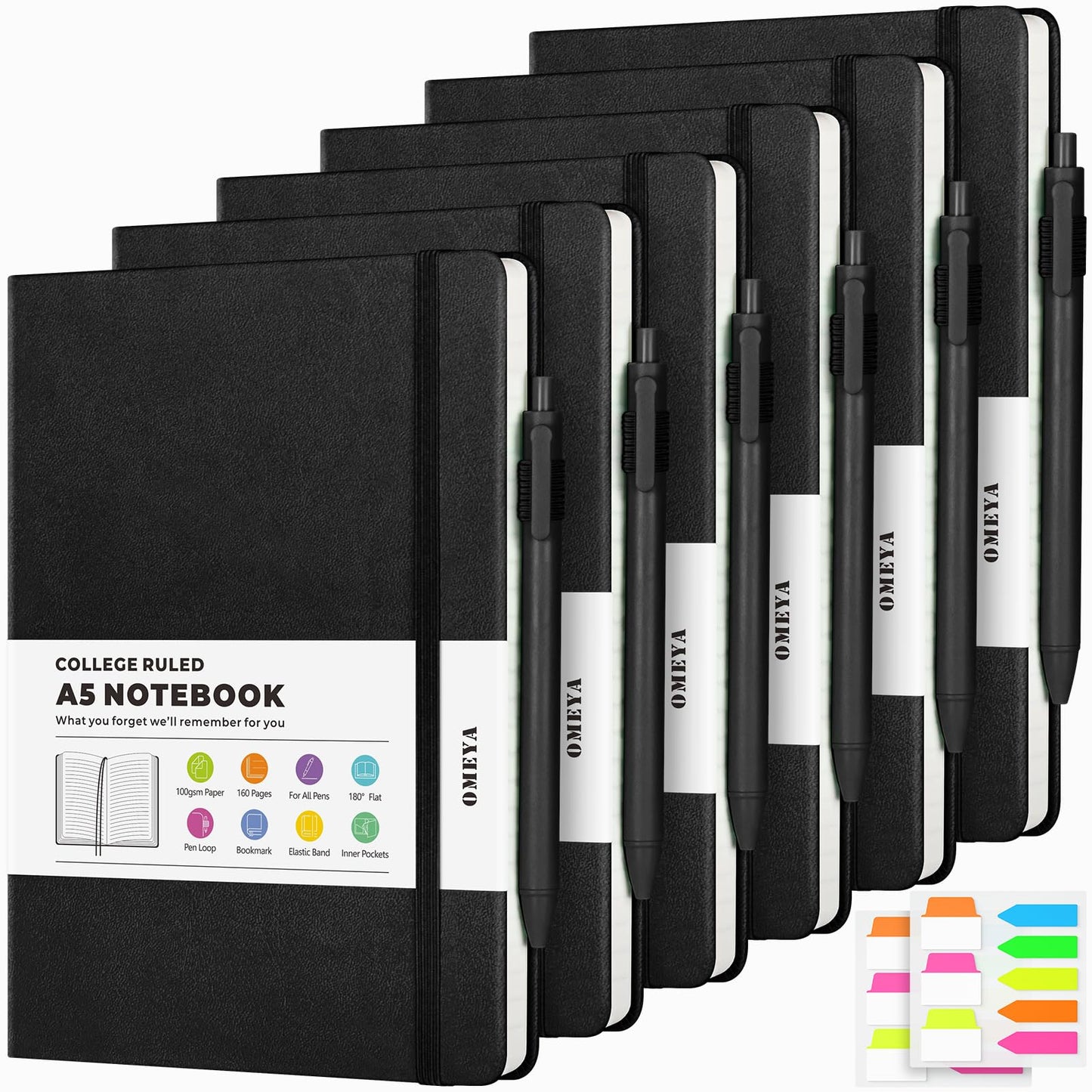 6 Pack Journal Notebooks for Work with 6 Pens, A5 Hardcover Notebook，Business Notebooks Bulk, College Ruled Notebook for Men, Leather Journal for Writing, 160 Pages, 100GSM Thick Paper (5.7" x 8.3")