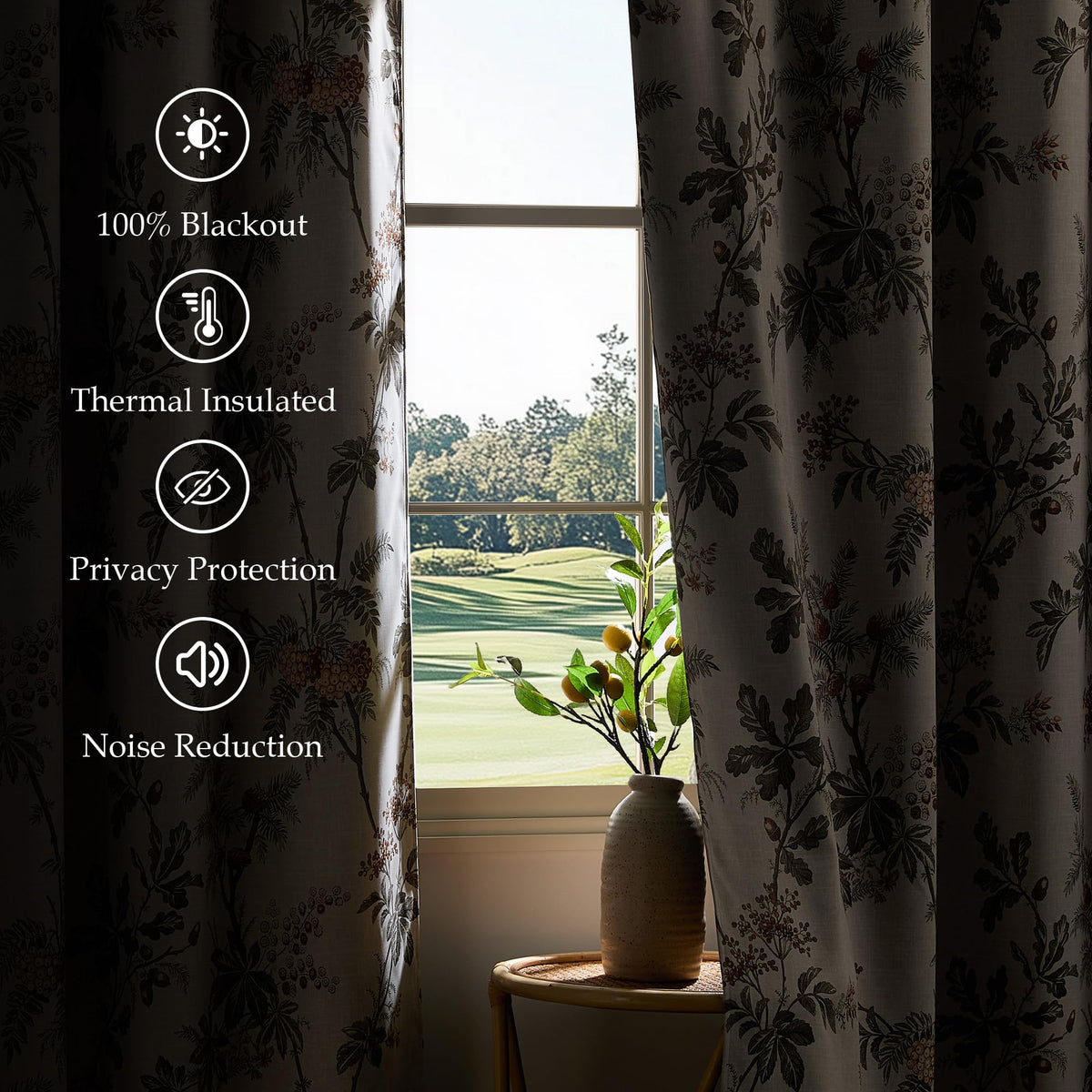 NICETOWN Dark Mallard Blackout Curtains 52 x 84 Inch， 2 Panels Set - Floral Print Window Drapes for Living Room & Bedroom， Energy Efficient Thermal Insulated Grommet - Farmhouse & Tropical Style