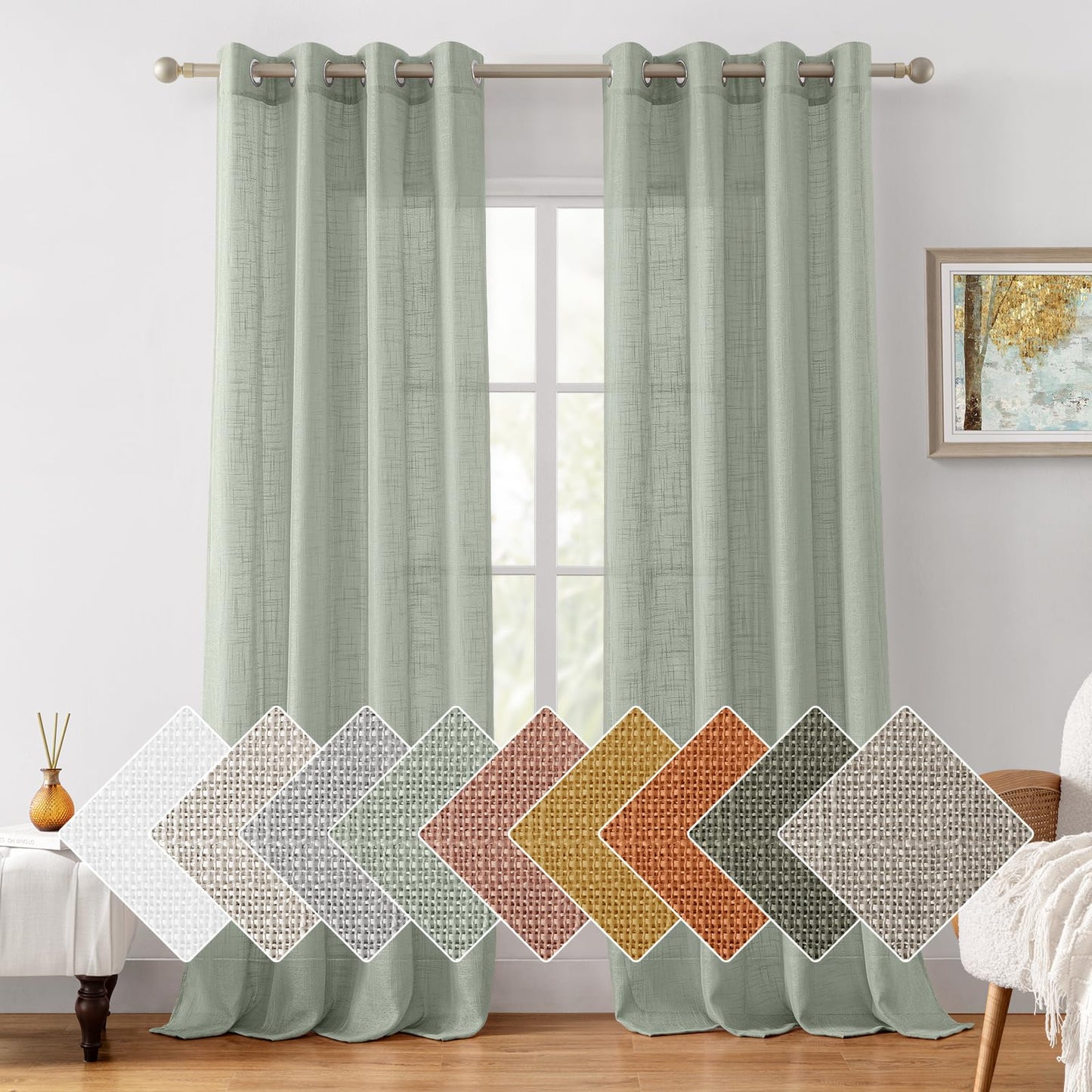 HOMEIDEAS Sage Green Linen Sheer Curtains 84 Inches Long 2 Panels Textured Semi Sheer Curtains Farmhouse Curtains Sheer Privacy Window Curtains for Bedroom Living Room