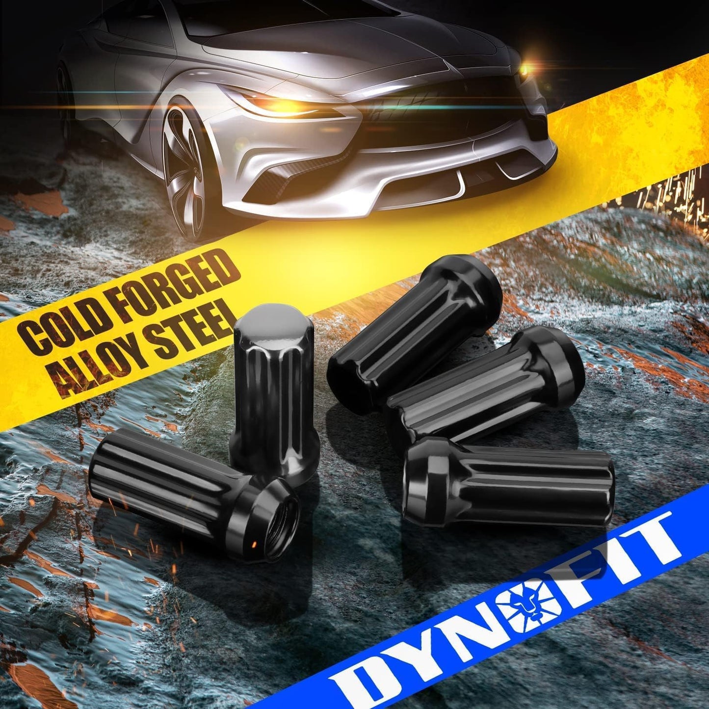 Dynofit M14x1.5 Spline Lug Nuts Black - Cone Bulge Seat Compatible with Chevy GMC Ford Cadillac Lincoln & More 6-Lug Wheels | Includes 1Pcs Socket Key, Closed End, Durable Aftermarket Replacement