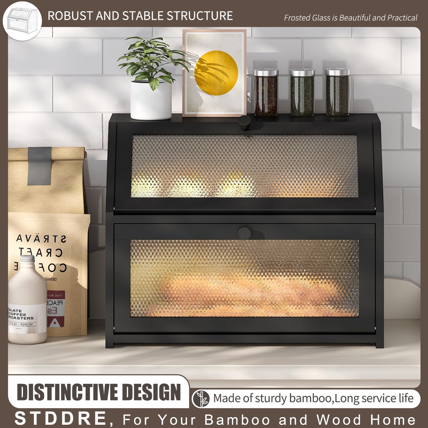 Bread Box for Kitchen Countertop Bin Double Layer Bread Box Storage Container Extra Large Capacity Farmhouse with Diamond Pattern Windows (Black)