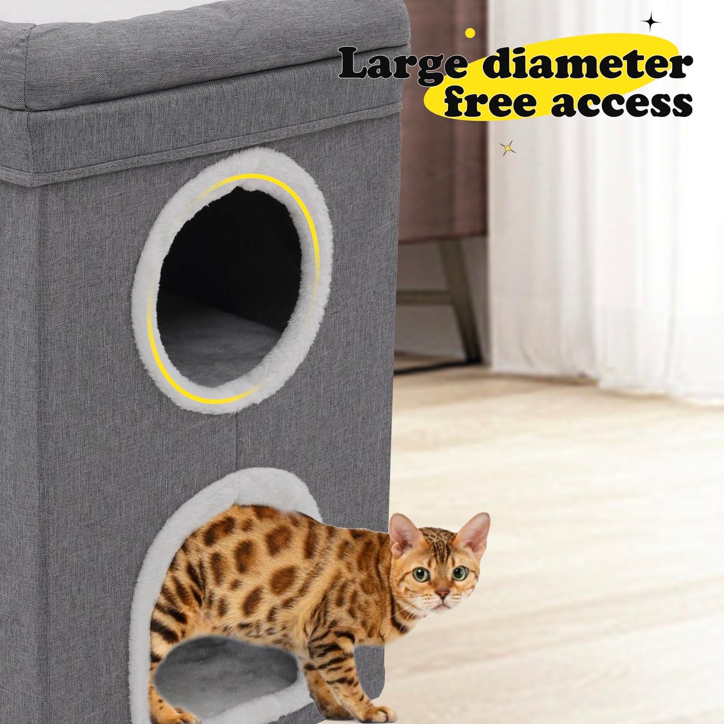 3-Level Cat House for Indoor, Covered Cat Condo with Scratch Pad and Hideaway Cave, Cat Bed &Furniture for Multi Pets and Large Cats, 15.3 * 15.3 * 26 inches,Grey