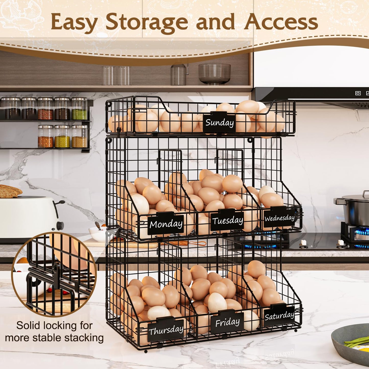 X-cosrack Egg Holder Countertop, 3 Tier Storage Rack with Labels Dividers to Separate Eggs, Stackable Wire Baskets for Fresh Egg, XXL Egg Dispenser for Countertop/Wall-Mounted
