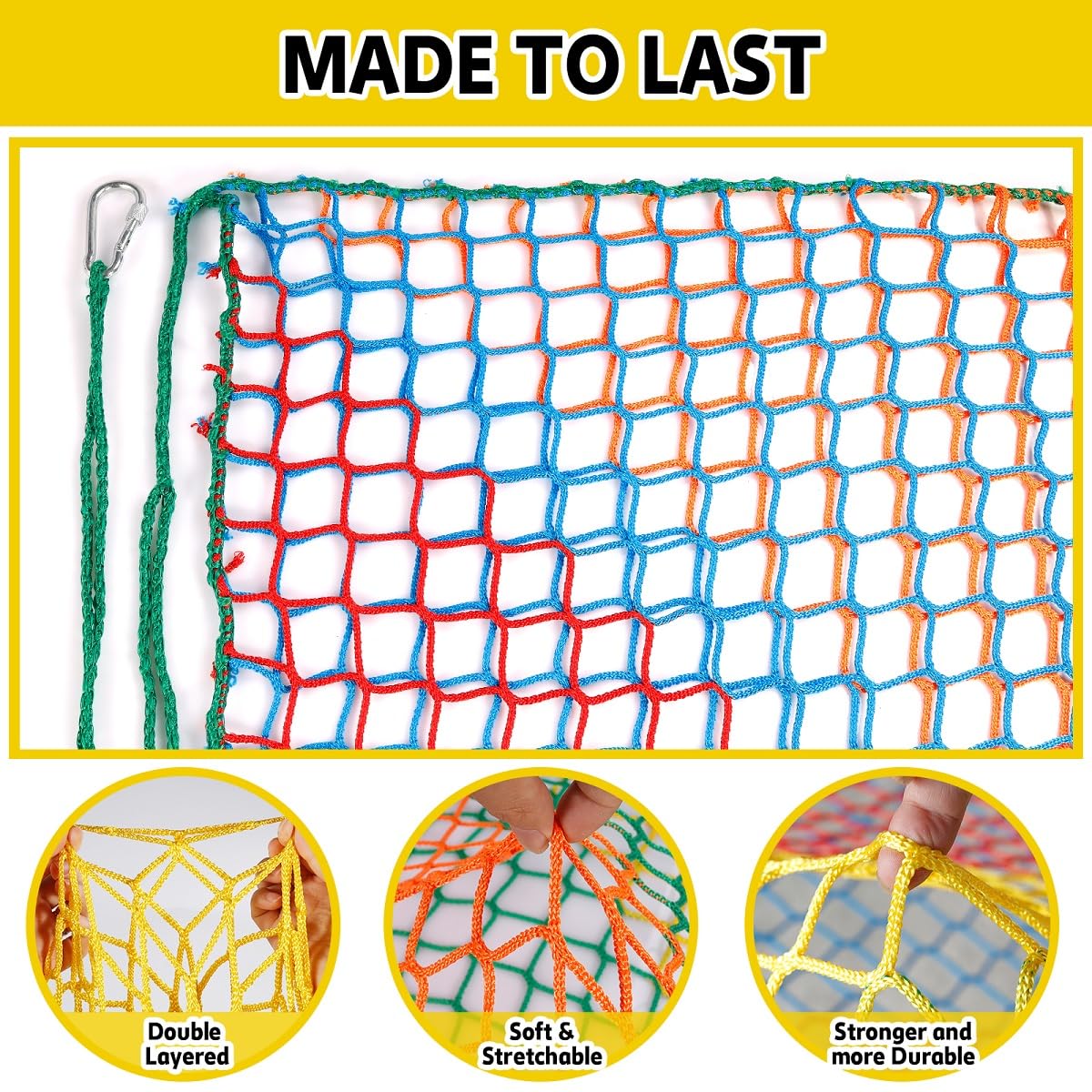 LPIW Climbing Net for Kids - 9.9FT x 9.9FT Double Layers Heavy Duty Playground Safety Net, Climbing Cargo Net for Tree House Tree Fort, Back Yard, Jungle Gyms, Monkey Bar Security Mesh（Rainbow）