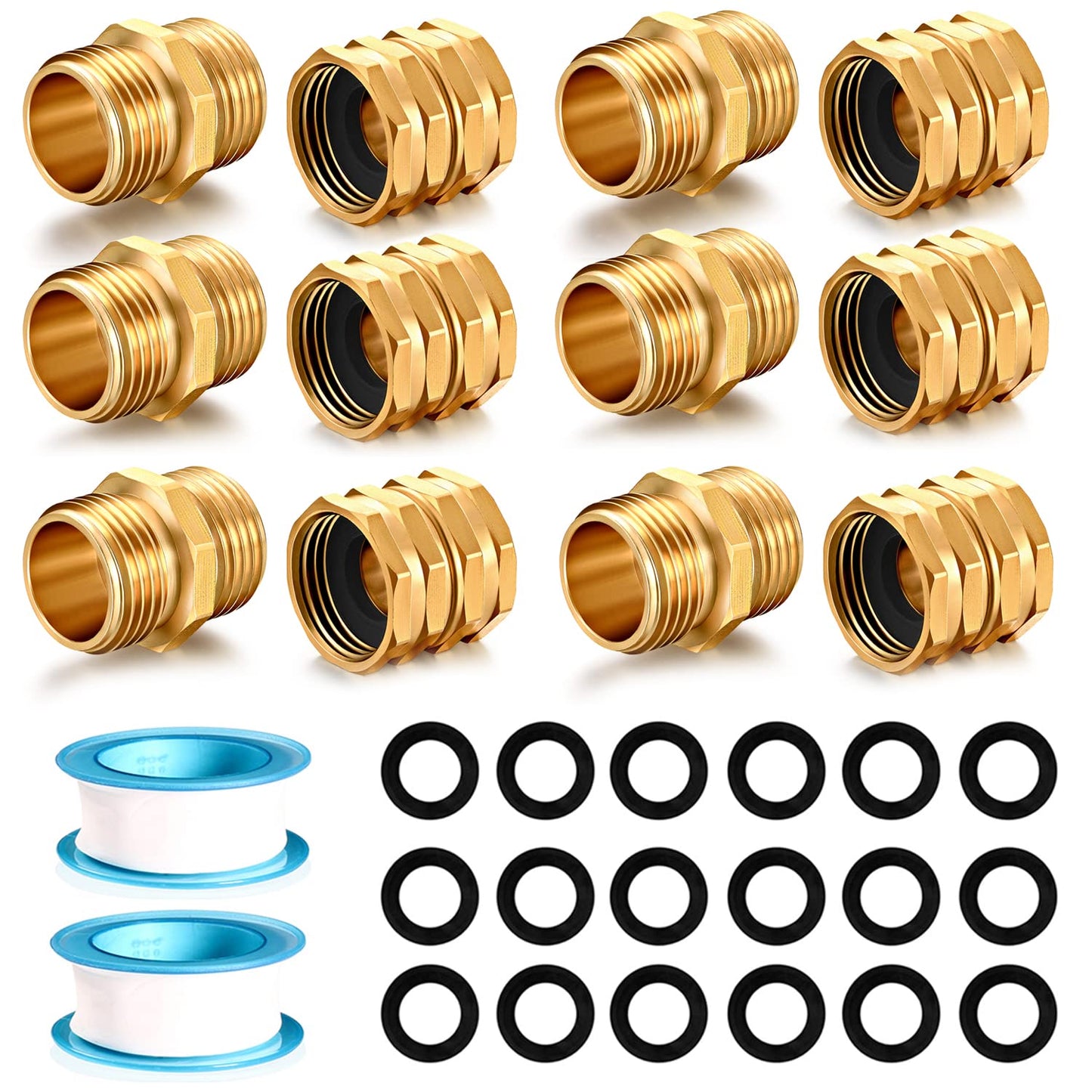 YELUN Solid brass Garden Hose Fittings Connectors Adapter Heavy Duty Brass Repair Male, Female faucet leader coupler dual water hose connector (3/4" GHT Double Male Double Female 12 Pcs)
