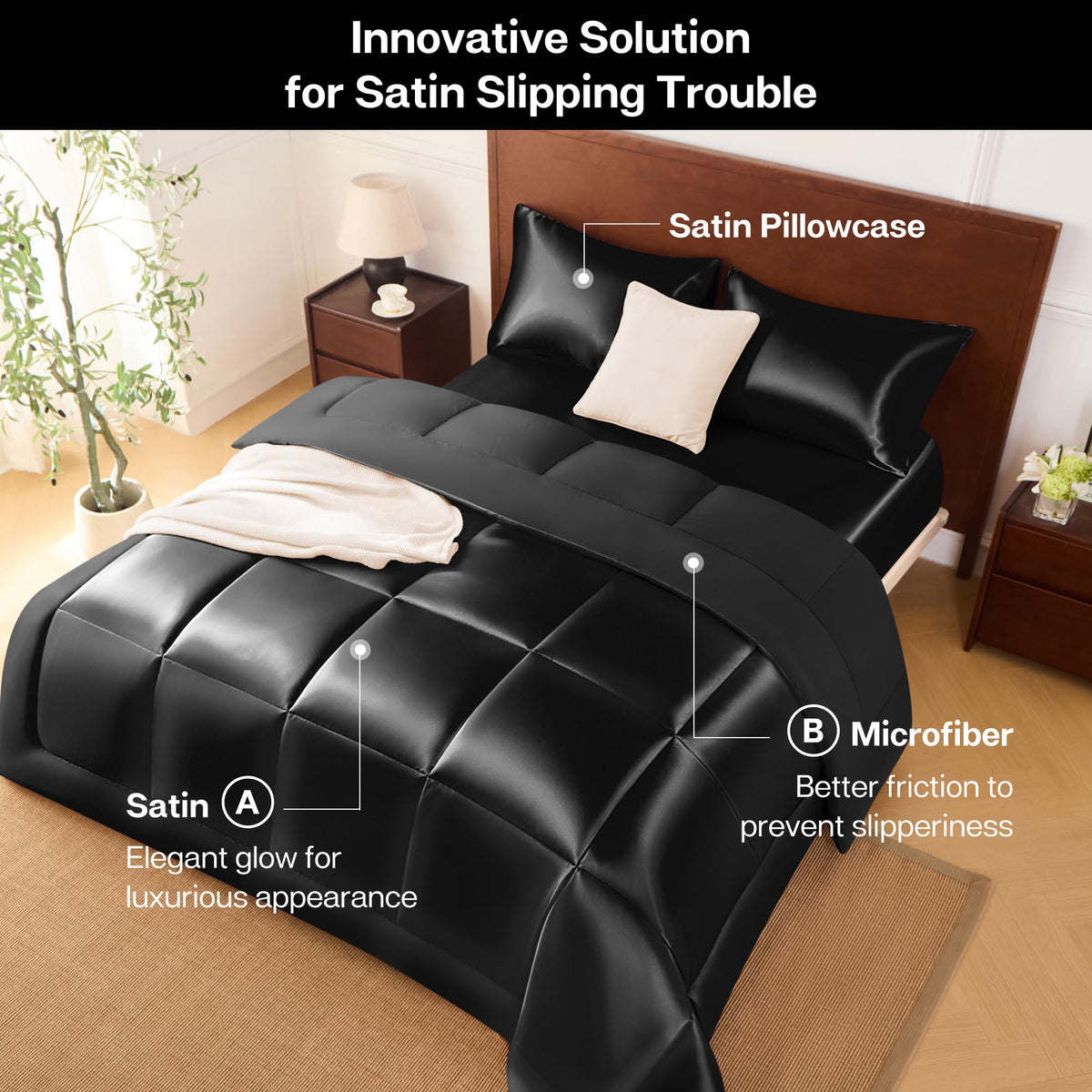 MR&HM Queen Comforter Set Black, Reversible Satin Microfiber Comforter Set for All Seasons, 3 Pieces Non-Slip Silky Soft Bedding Sets with 1 Comforter (90"x90") and 2 Pillowcases (20"x26")