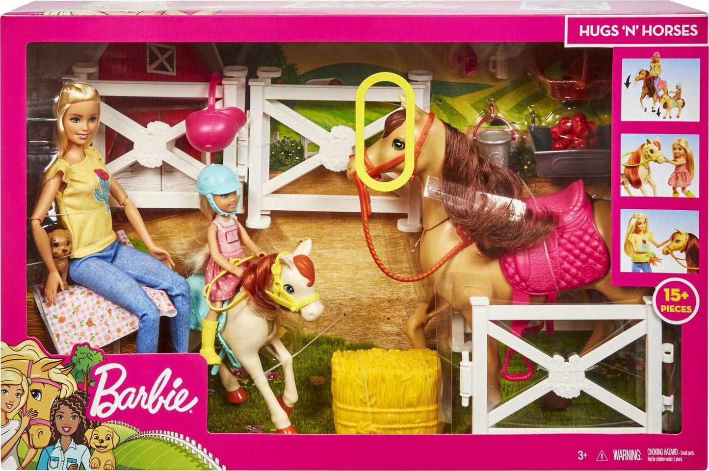 Barbie Playset with Barbie and Chelsea Blonde Dolls, 2 Horses with Bobbling Heads and 15+ Toy Accessories that Include Corral Fencing, Feeding, Grooming, Nurturing and Horseback Riding Pieces for 3Y+