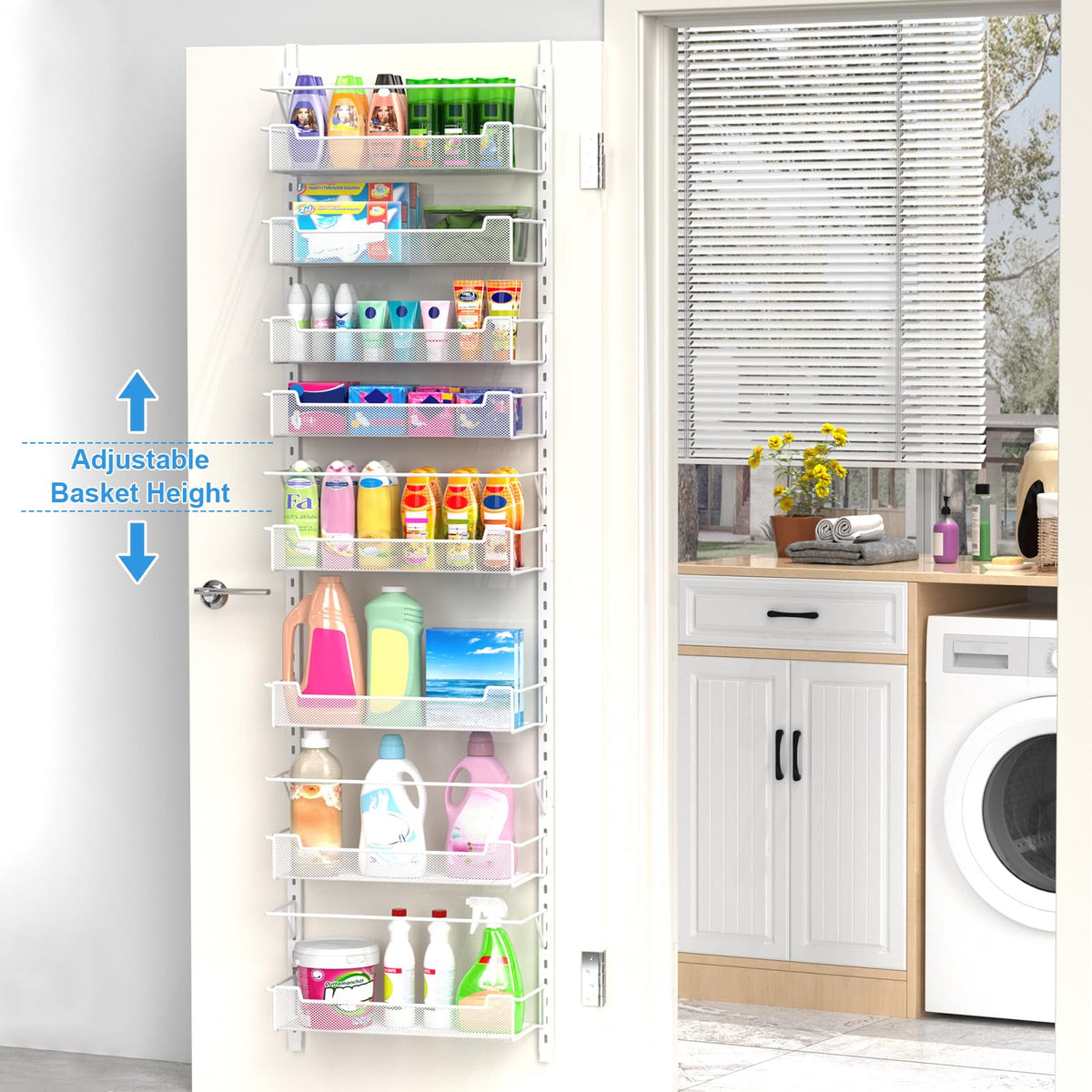 VyGrow 8-Tier Over the Door Pantry Organizer with Adjustable Basket, Pantry Door Organization for Pantry Kitchen Storage Room Spice Rack, White