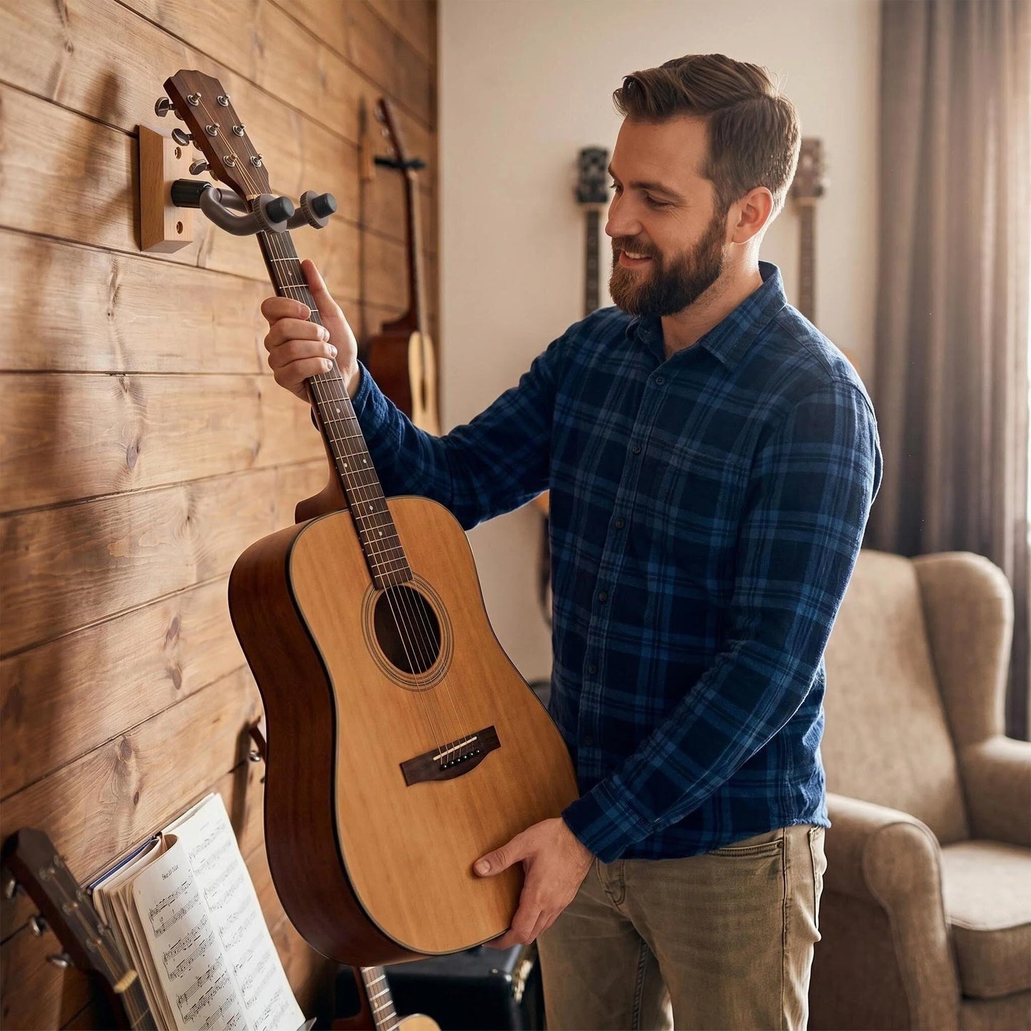 Guitar Wall Mount Hanger 6 Pack, Hardwood Guitar Hanger Wall Hook Holder Stand Display with Screws - Easy to Install - Fits All Size Guitars, Bass, Mandolin, Banjo, Ukulele